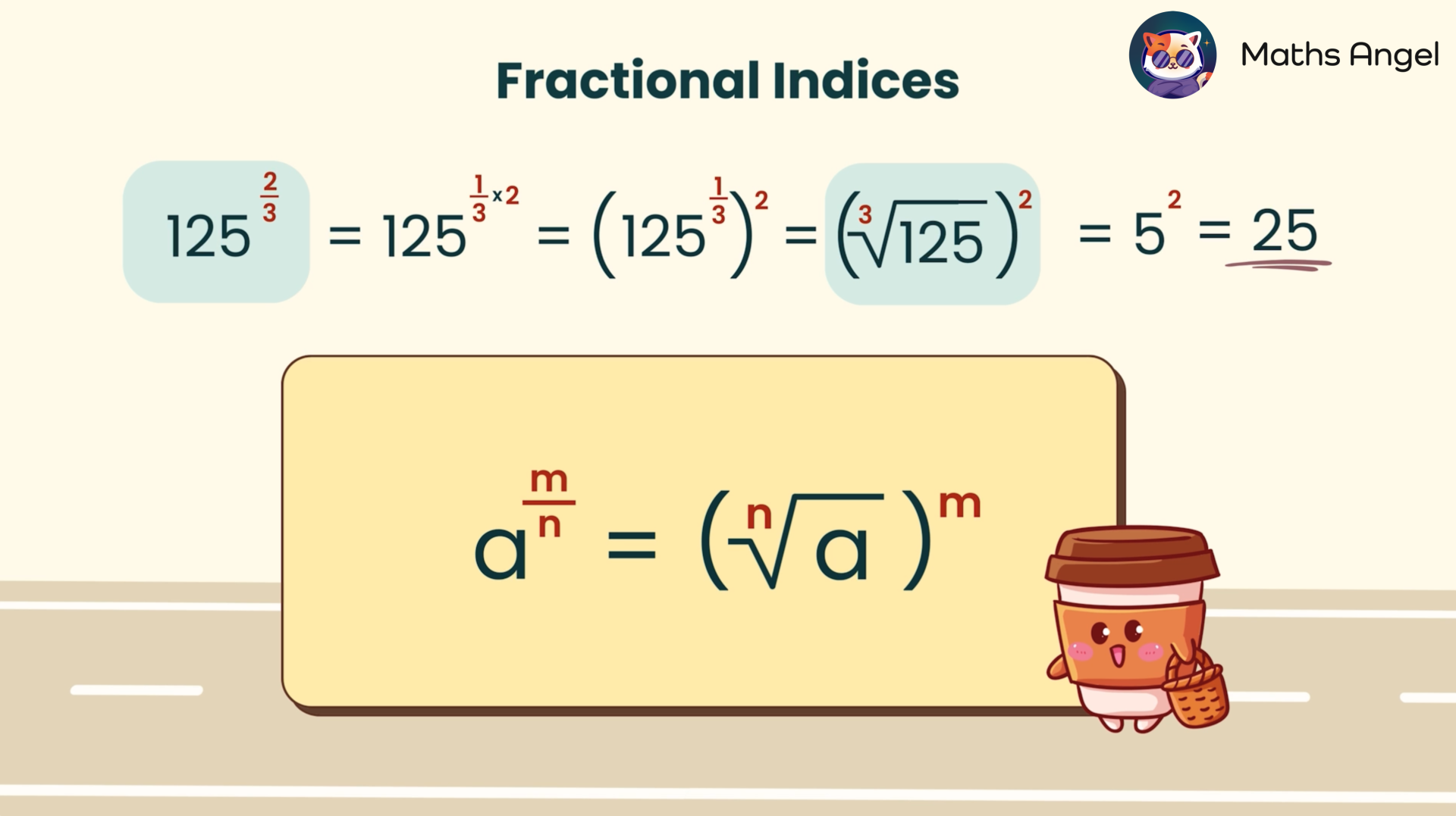 Rule for calculating general fractional indices with numerical example for GCSE math review.