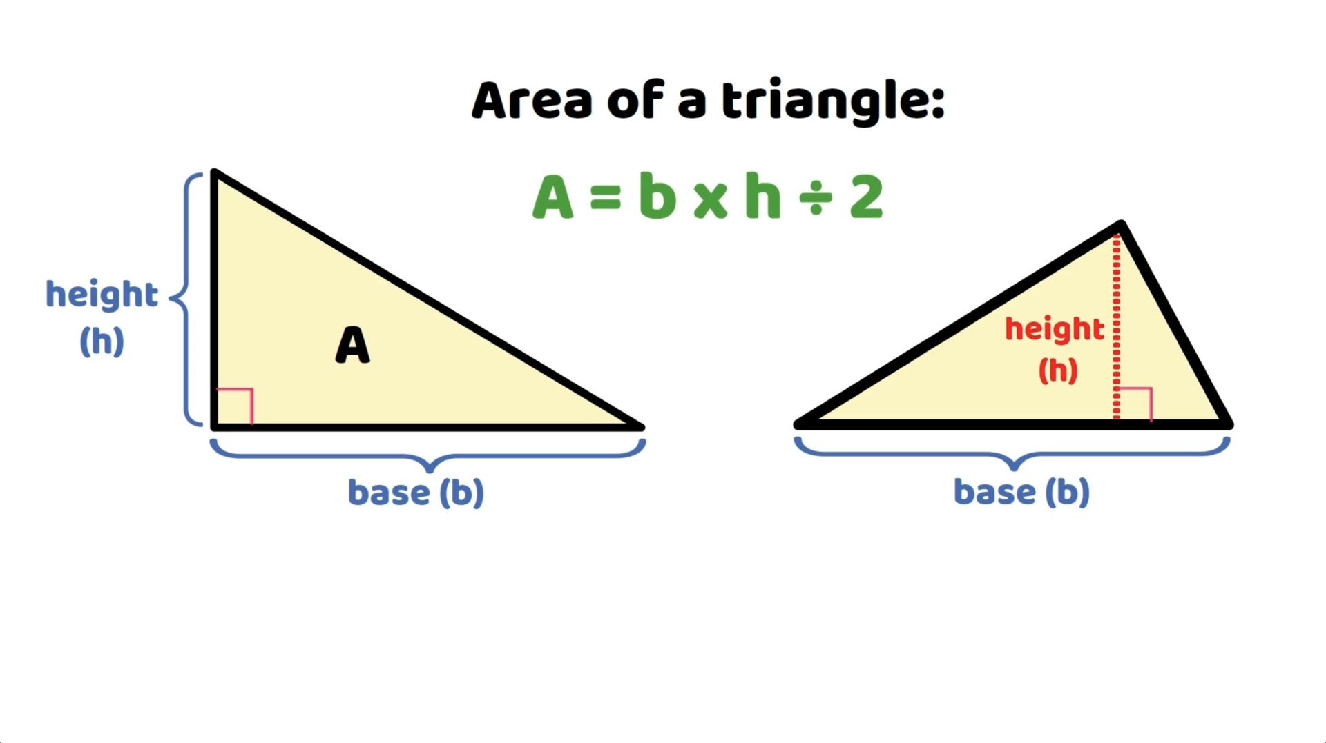 Formula for the area of a triangle with labelled base and height on two different triangles.