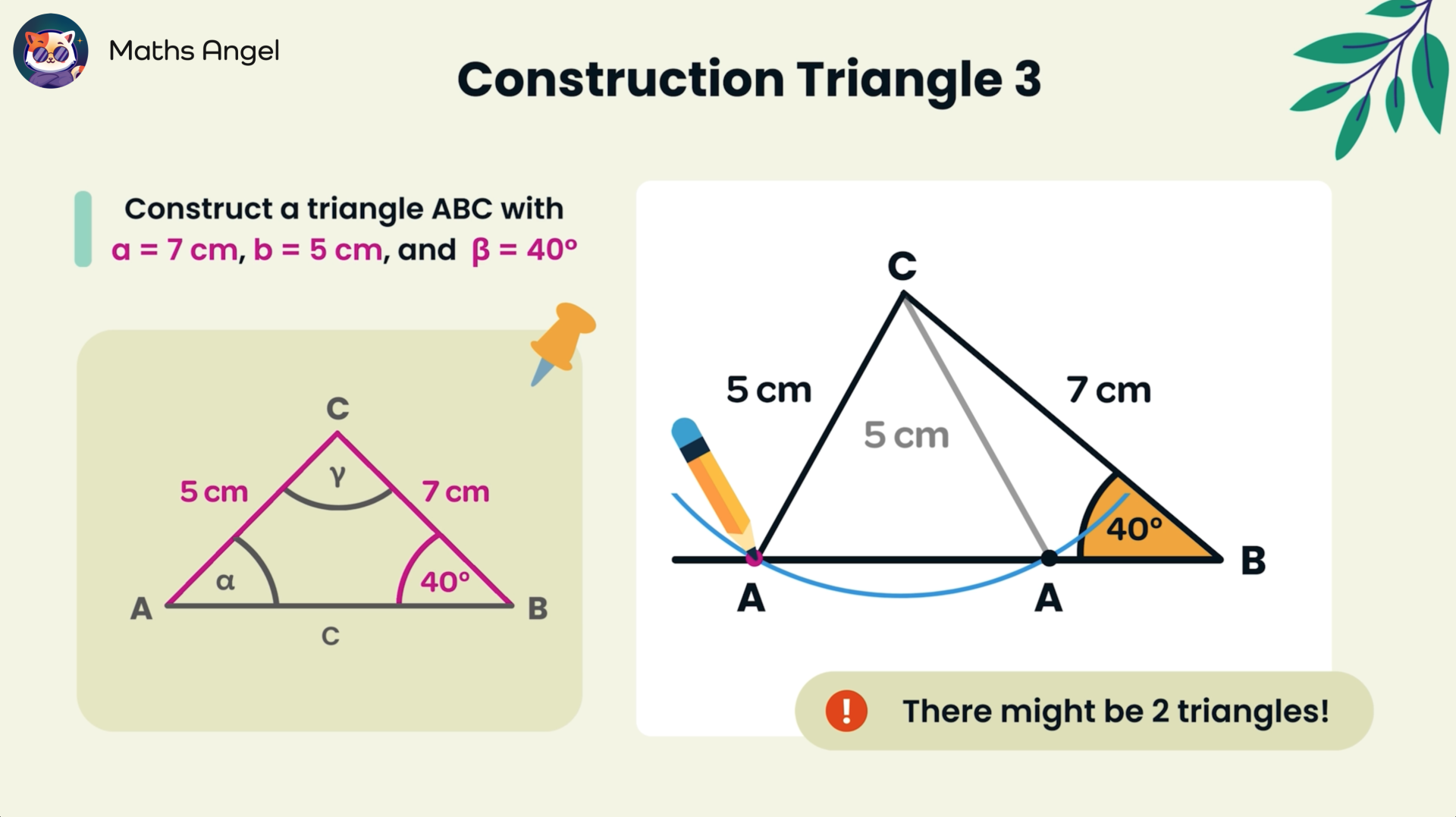 Constructing a triangle ABC with sides a = 7 cm, b = 5 cm, and angle β = 40°, showing two possible triangles with different angles at vertex C.