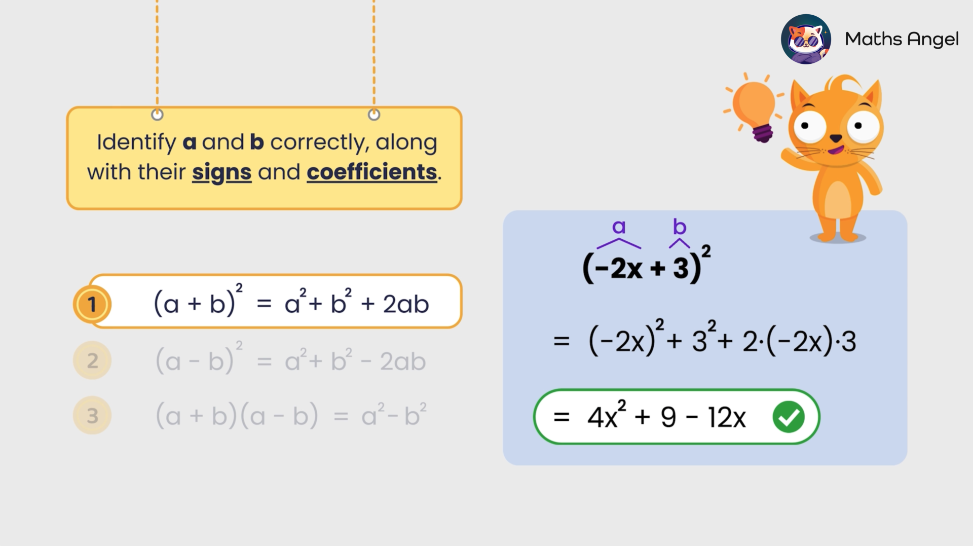 Binomial expansion showing the formula (a + b)² = a² + b² + 2ab, and an example (-2x + 3)² = 4x² + 9 - 12x.