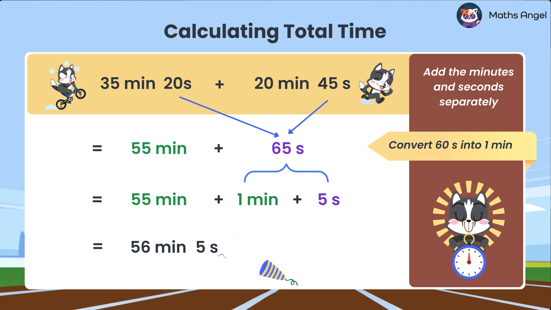 Calculating total time by adding minutes and seconds separately, converting 65 seconds to 1 minute 5 seconds, resulting in 56 minutes 5 seconds.