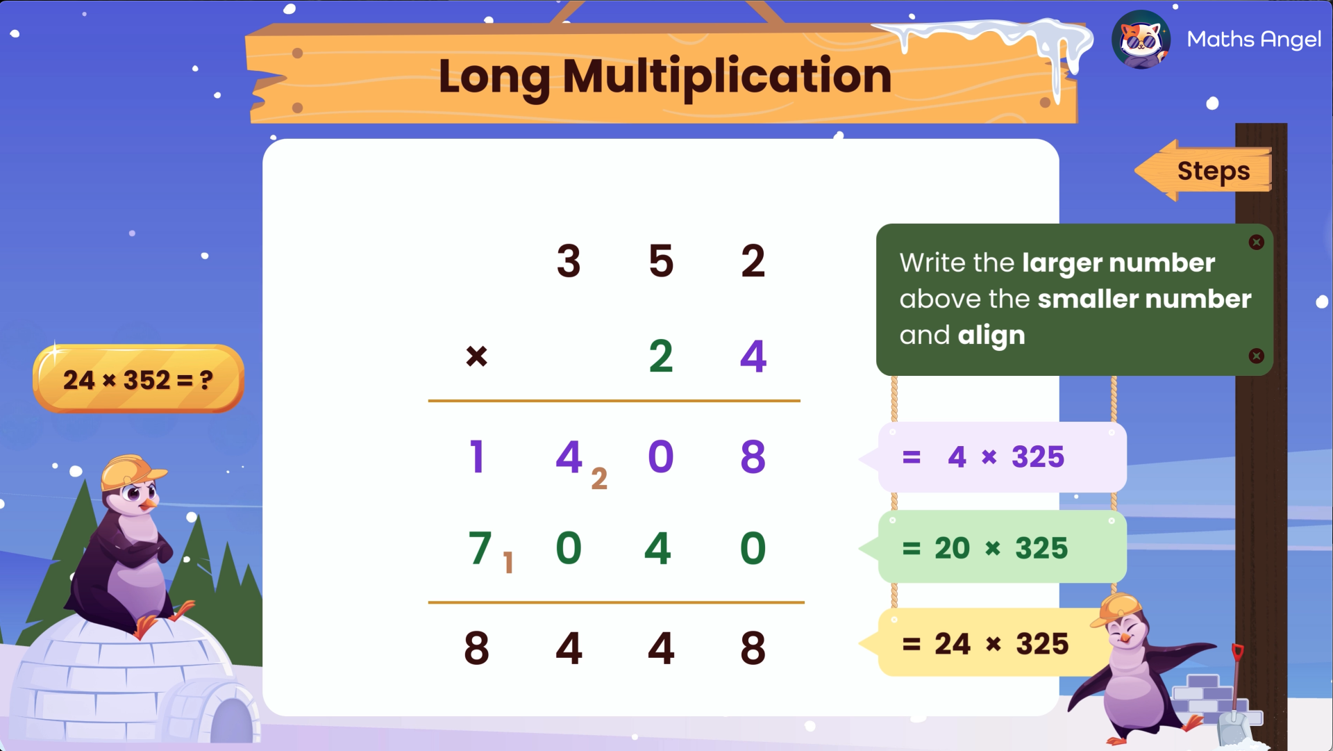 Long multiplication tutorial, explaining to place the smaller number beneath the larger one, aligning digits, and multiplying each digit step by step.