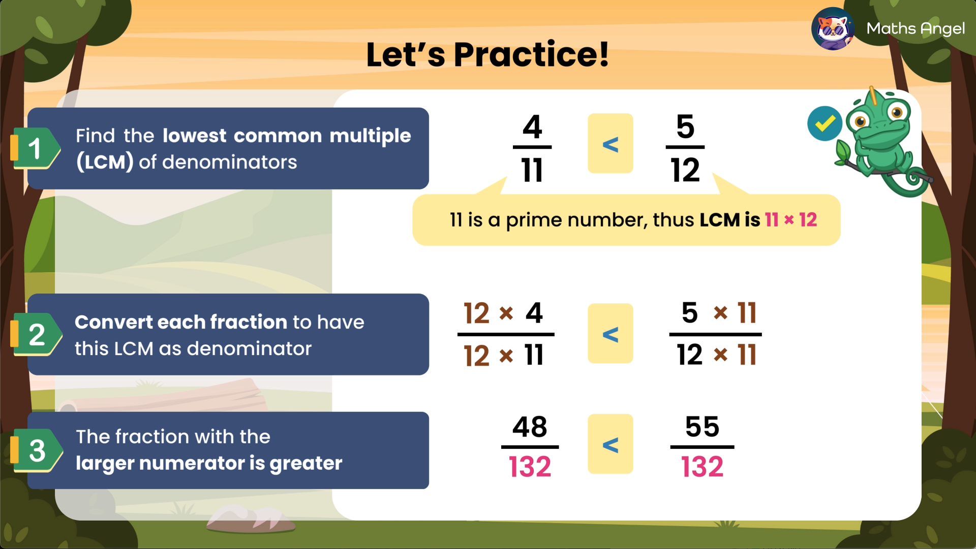 Comparing fractions by finding the lowest common multiple (LCM) of denominators, converting fractions, and identifying the larger numerator.