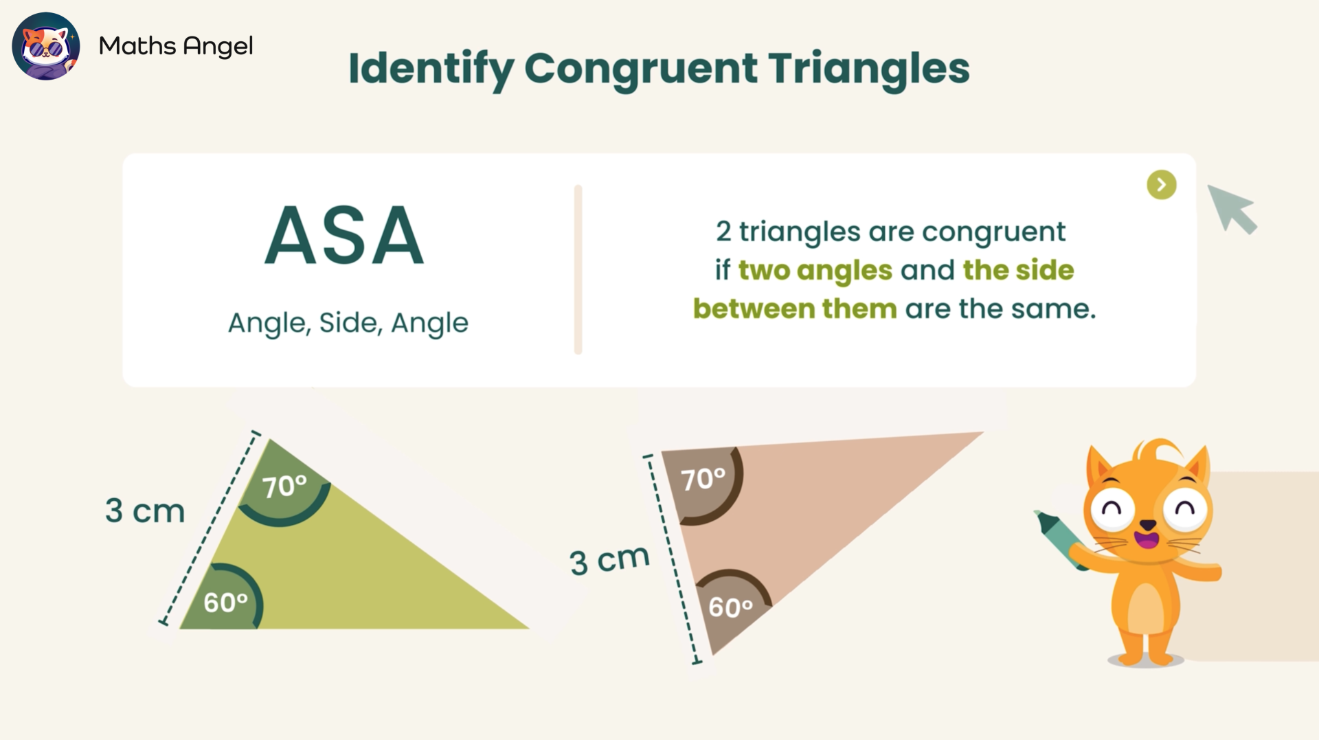 Identifying congruent triangles using ASA (Angle, Side, Angle) with two example triangles showing two angles and the included side as the same.