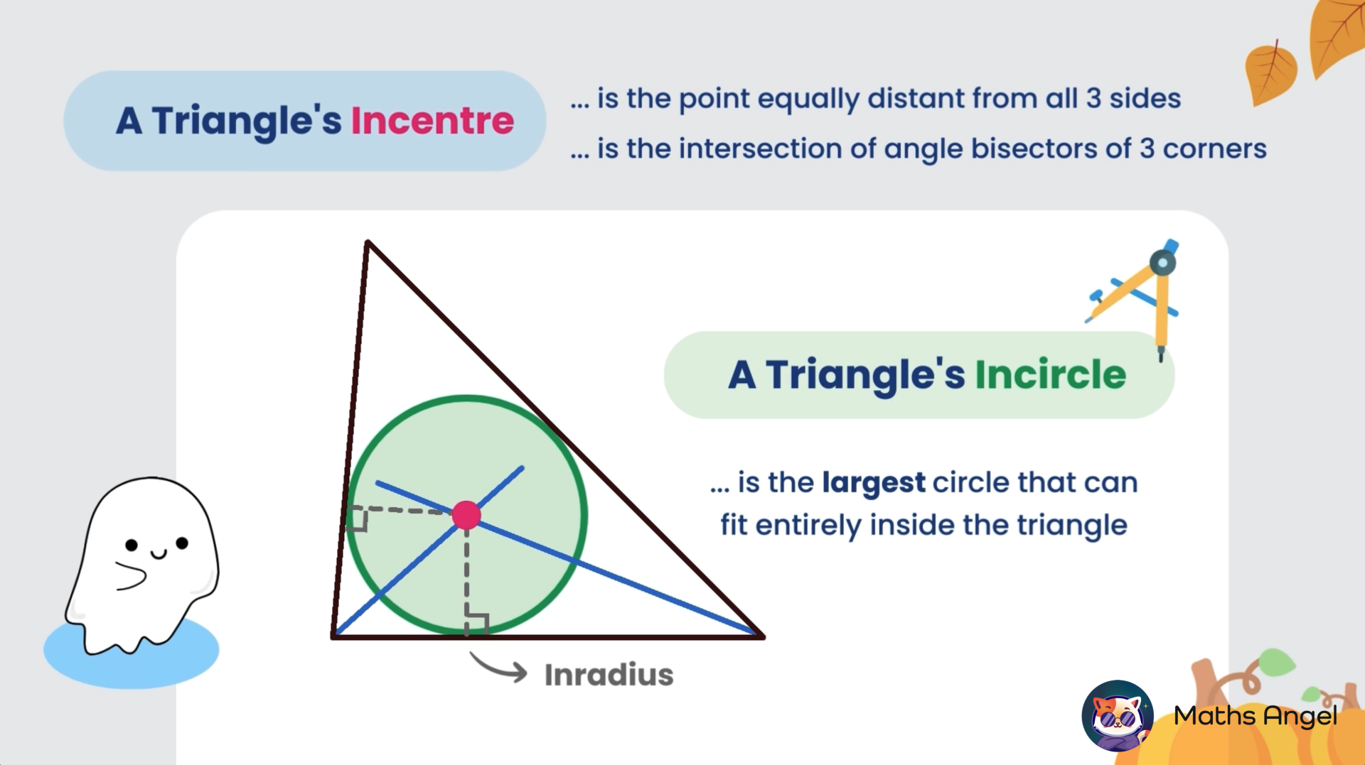 Explanation of a triangle's in-centre and in-circle, showing the largest circle that can fit inside the triangle, with in-radius and angle bisectors.