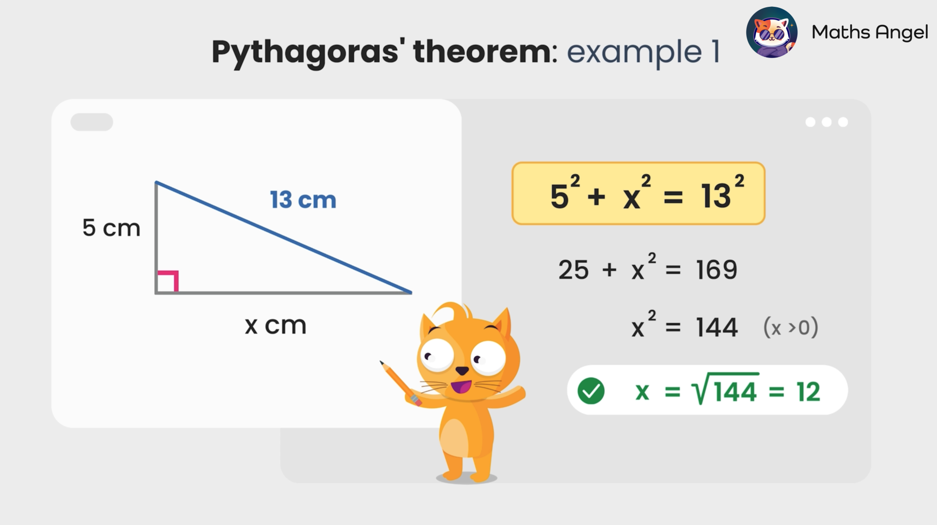 Step-by-step Pythagoras method to find missing side in a right triangle, essential GCSE maths concept.