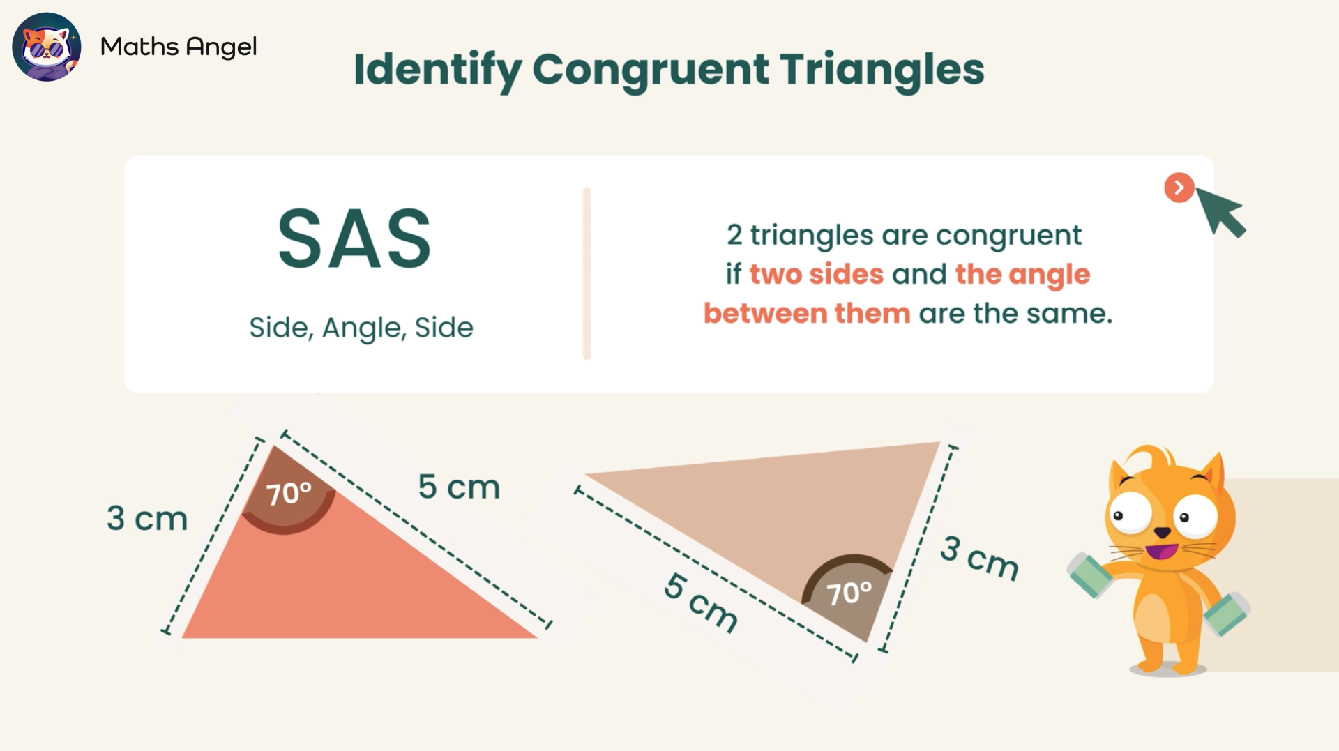 Identifying congruent triangles using SAS (Side, Angle, Side) rule with two triangles having sides of 3 cm, 5 cm, and an included angle of 70 degrees.