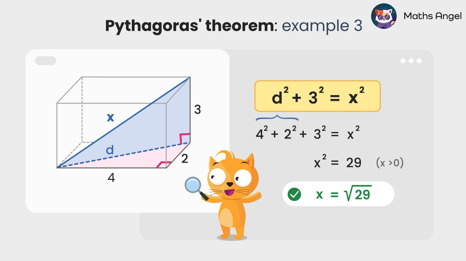 Using Pythagoras theorem to find cuboid's room diagonal length, practical GCSE maths geometry application.