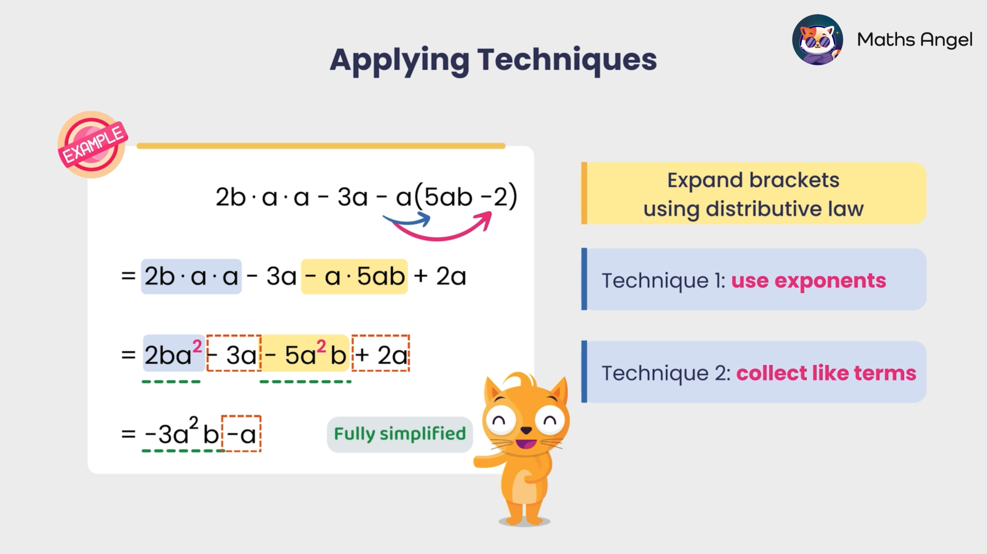 Simplifying algebraic expression involving multiple variables using distributive law, exponents, and collecting like terms.