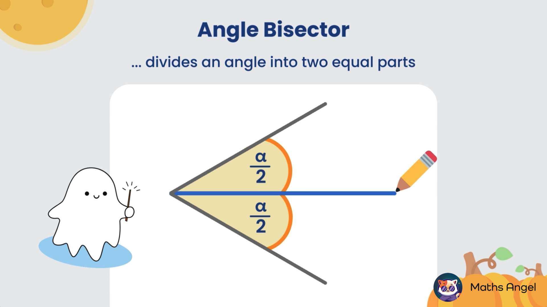 Angle bisector dividing an angle into two equal parts, with one half labelled α/2 and the other half also labelled α/2.