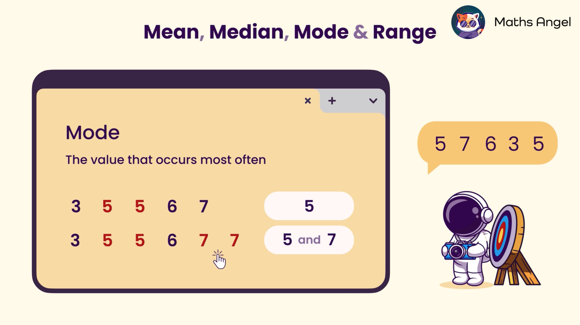 Mode calculation example with values 3, 5, 5, 6, 7 showing that 5 and 7 are the most frequent numbers.