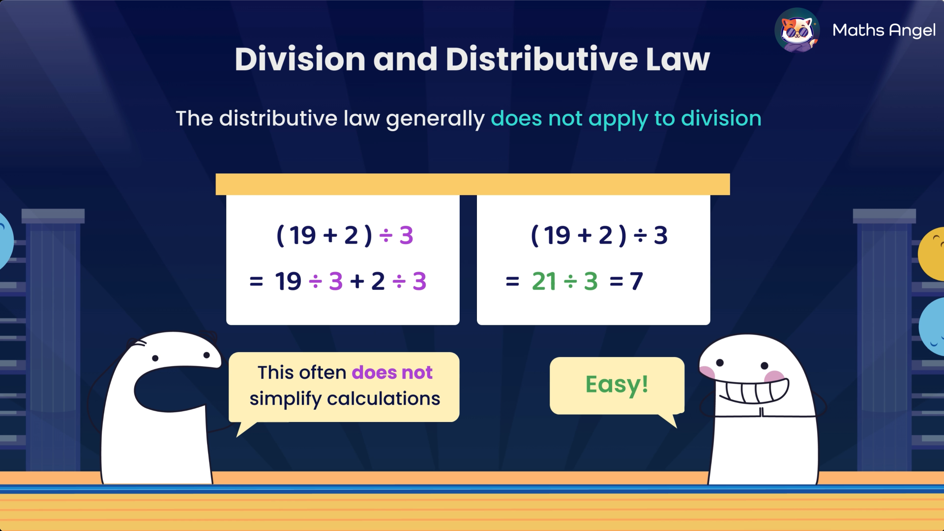 Explanation that the distributive law generally does not simplify division, showing the example (19+2)/3.