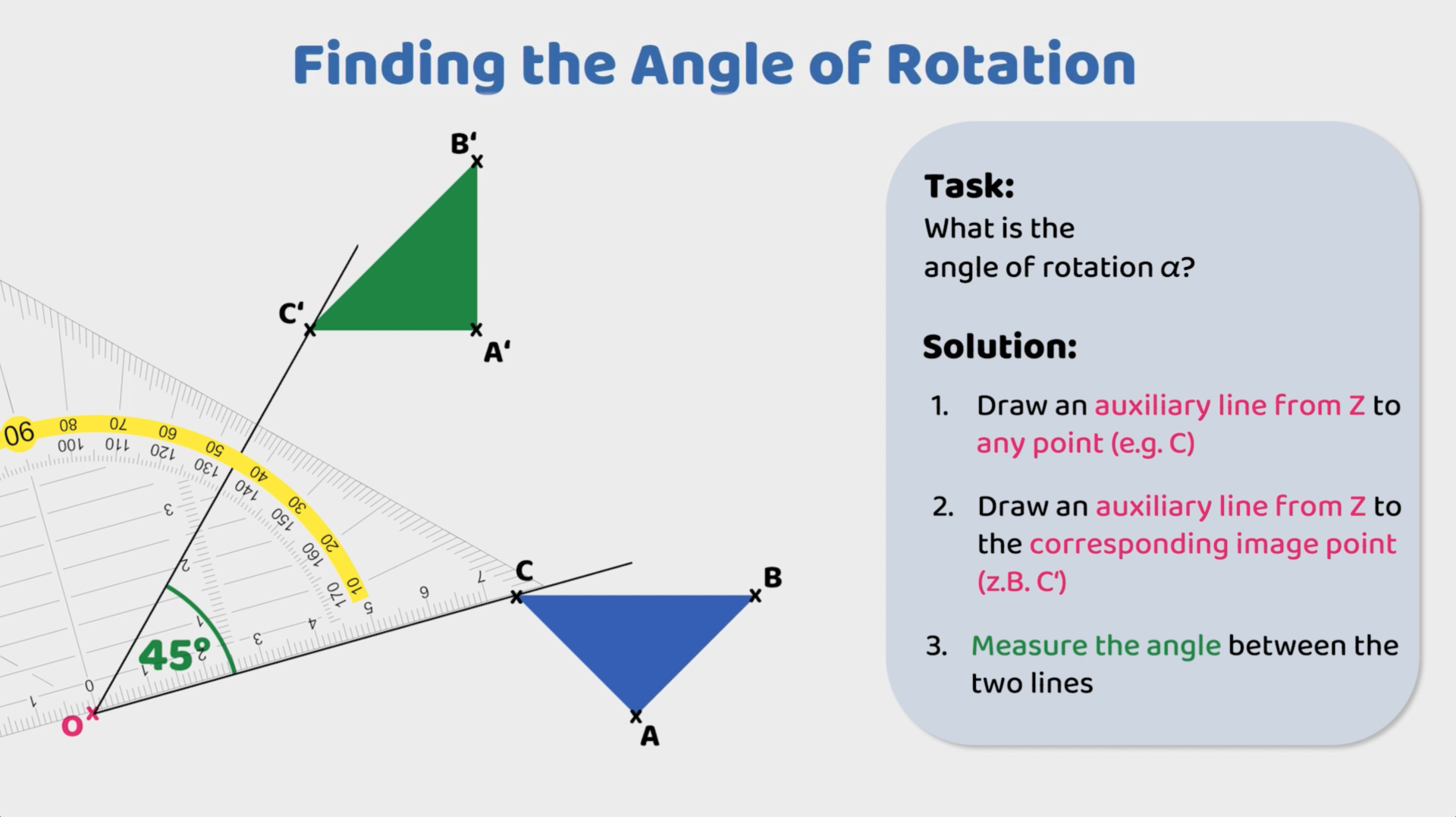 Demonstrating how to find the angle of rotation for a triangle using auxiliary lines and a protractor.