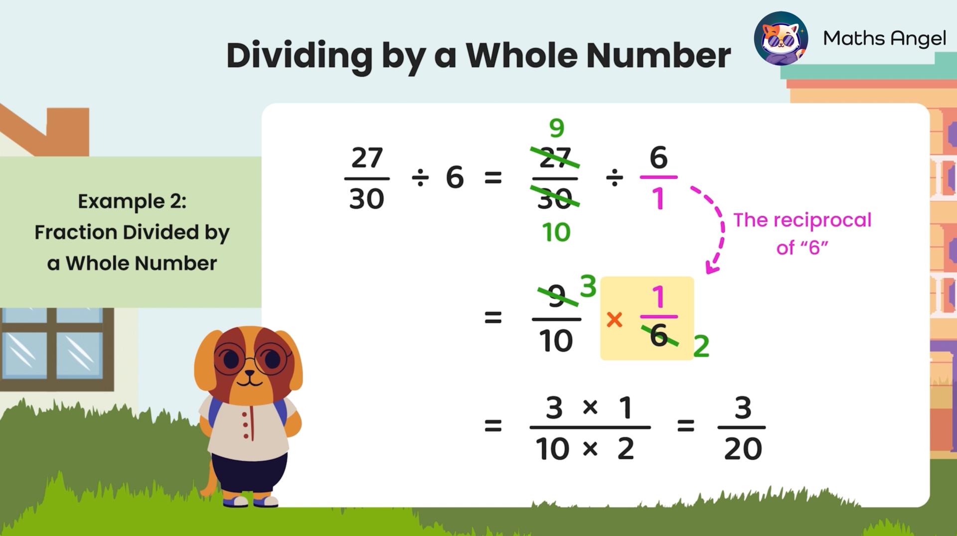 Example of dividing a fraction by a whole number with steps showing the reciprocal and cross-cancelling method.