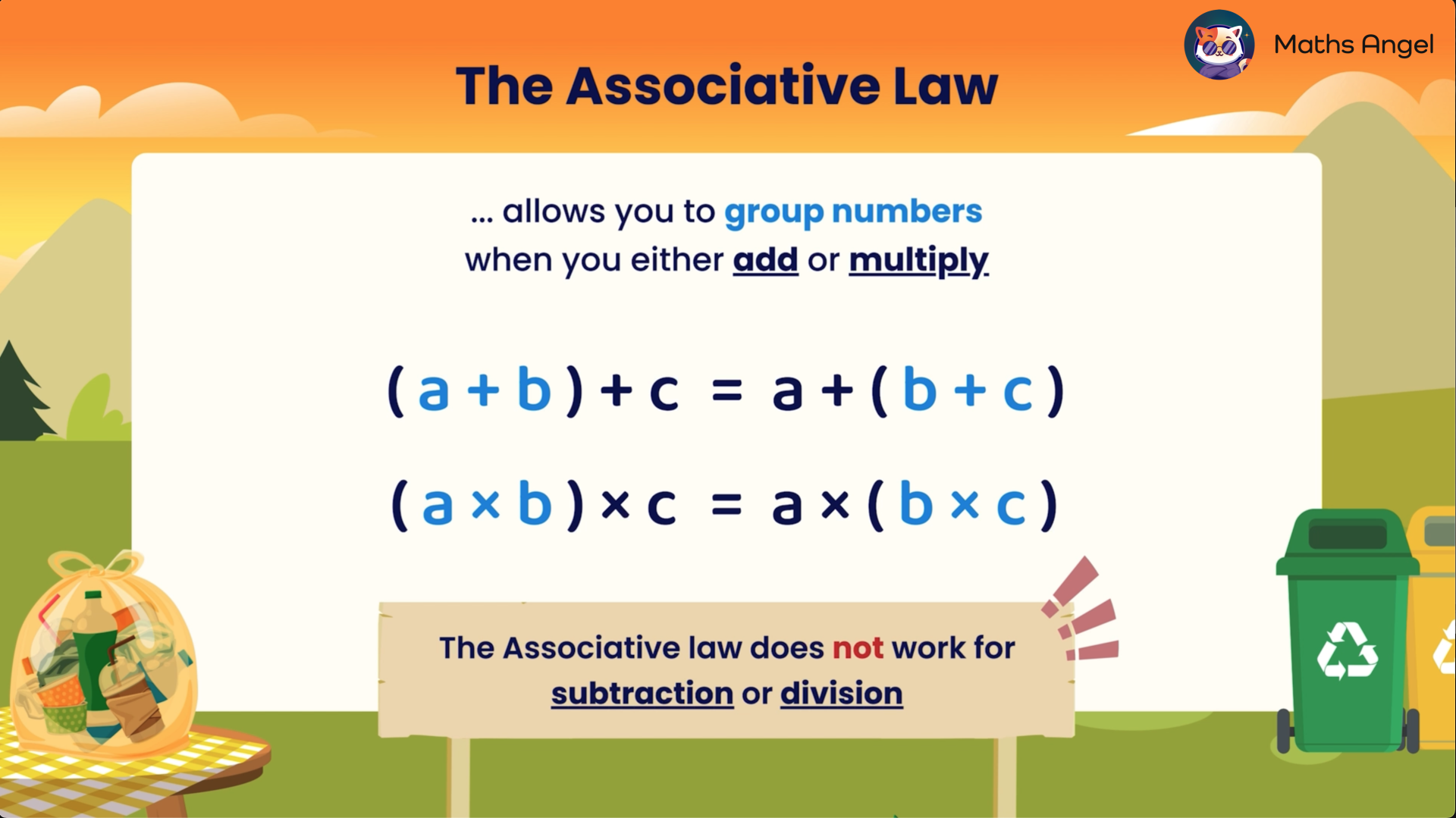 The Associative Law allows grouping numbers when adding or multiplying, but does not apply to subtraction or division.