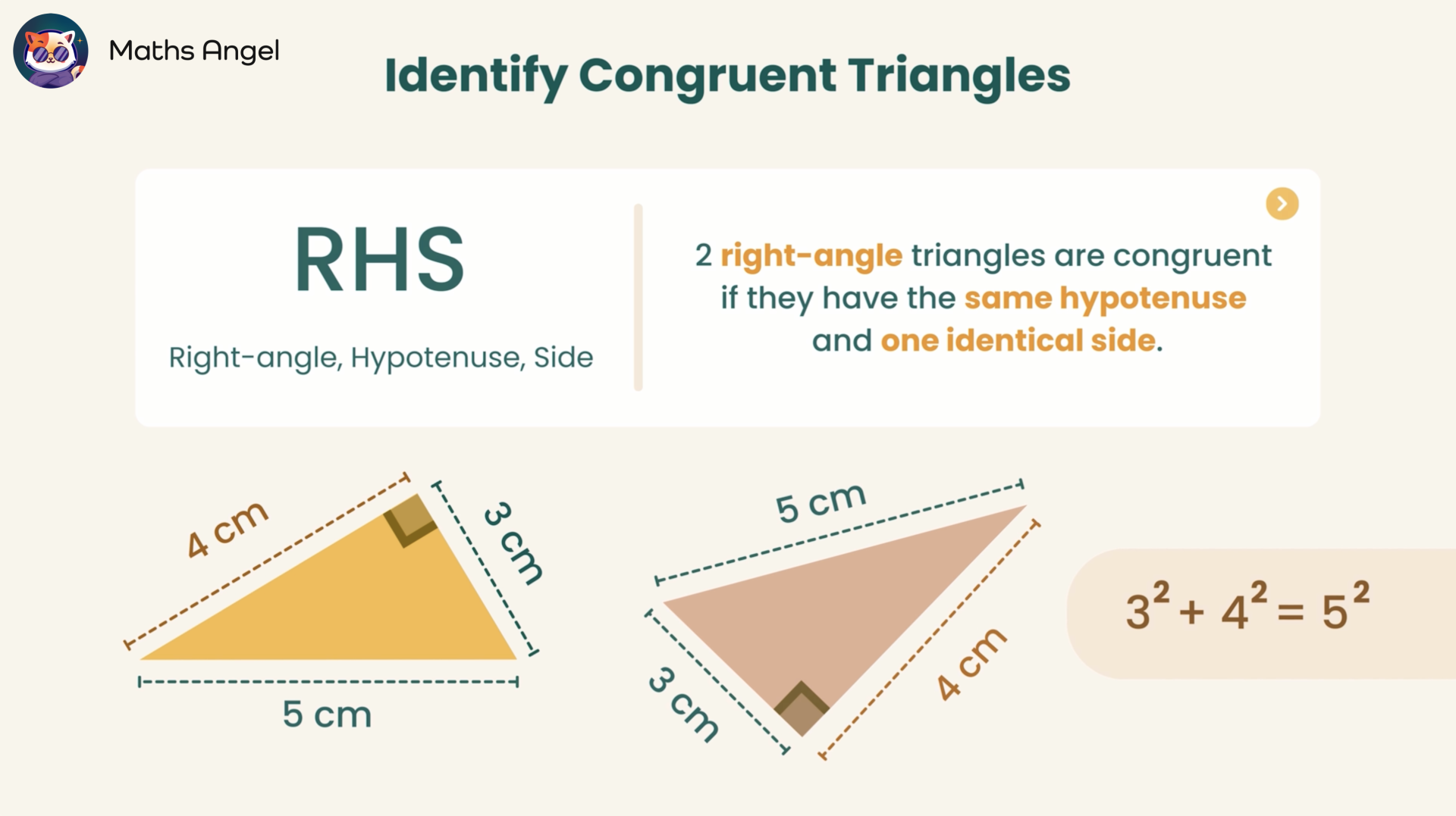 Identifying congruent triangles using RHS criteria with examples of right-angle triangles having the same hypotenuse and one identical side.