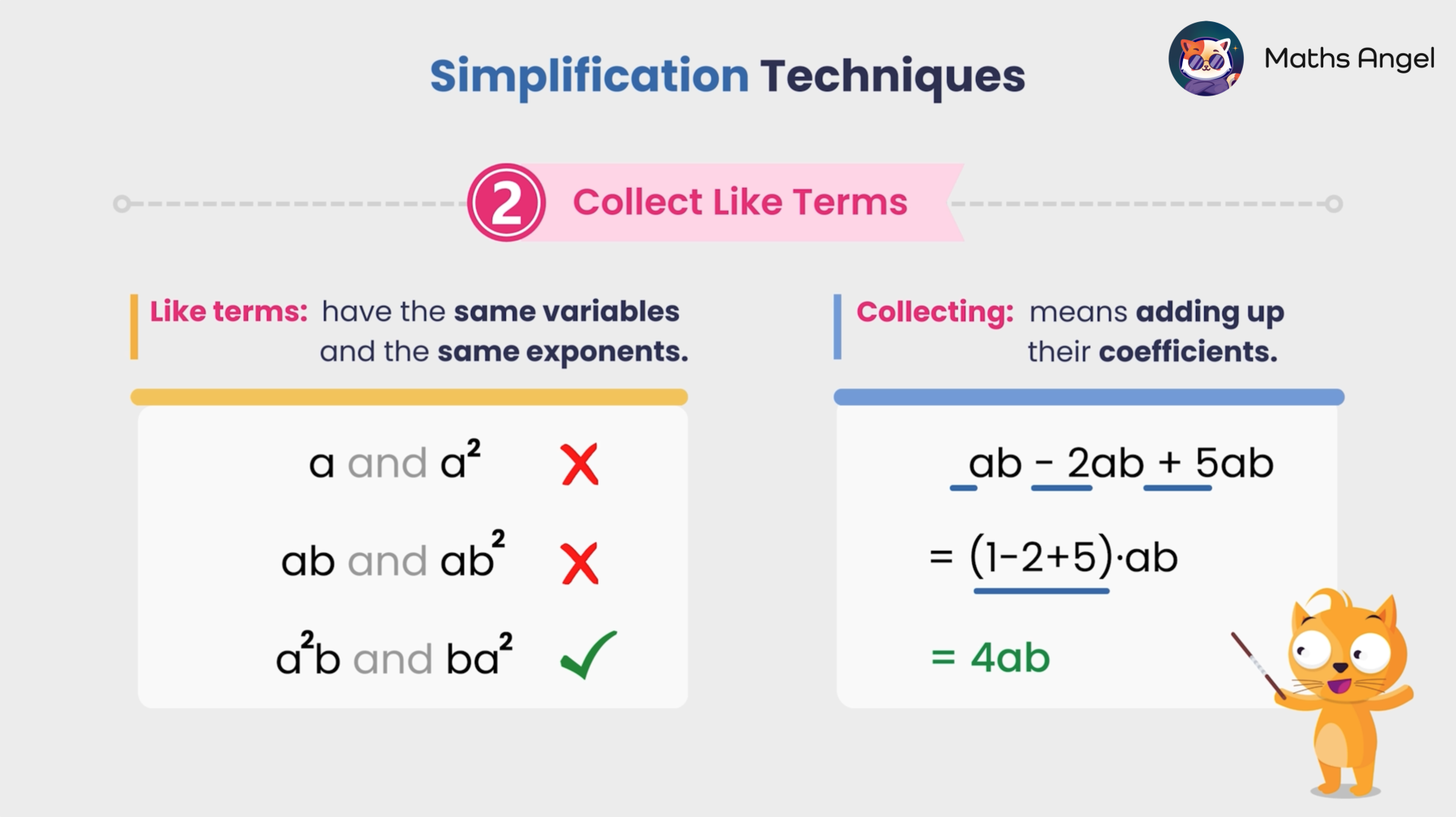 Simplification techniques showing how to collect like terms by adding coefficients and identifying like terms with the same variables and exponents.