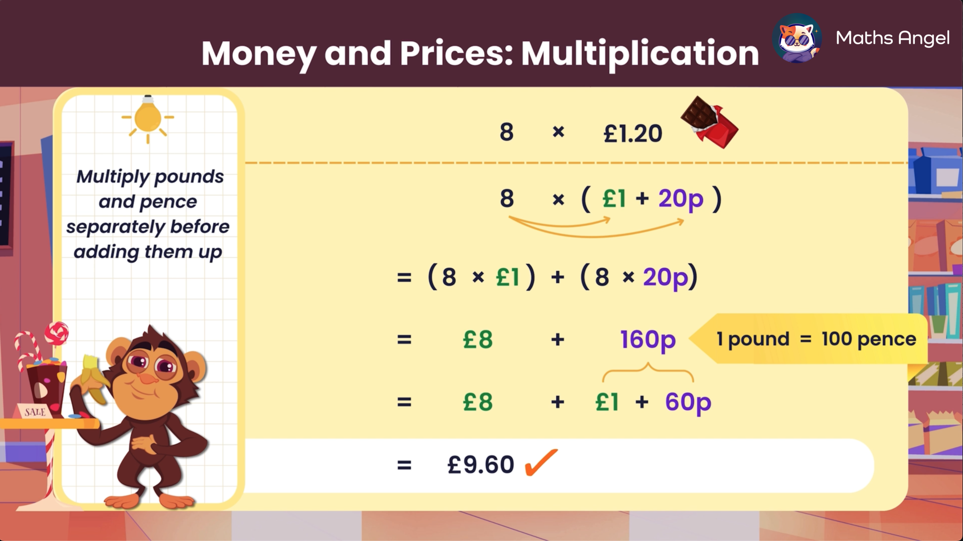 Calculating the price of 8 chocolate bars, each costing £1.20, by multiplying 8 by £1.20, resulting in £9.60.