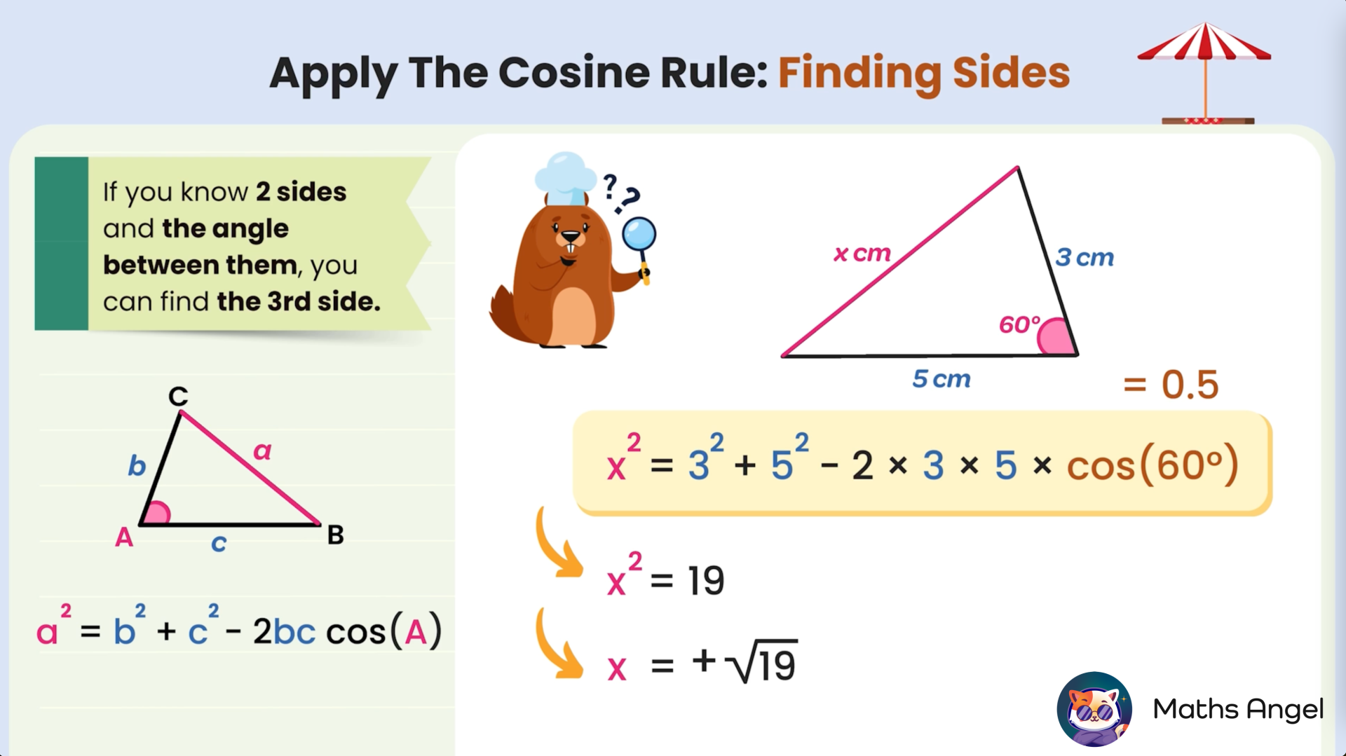 Using the cosine rule to find a side in a triangle with sides 3 cm and 5 cm and an angle of 60 degrees between them.