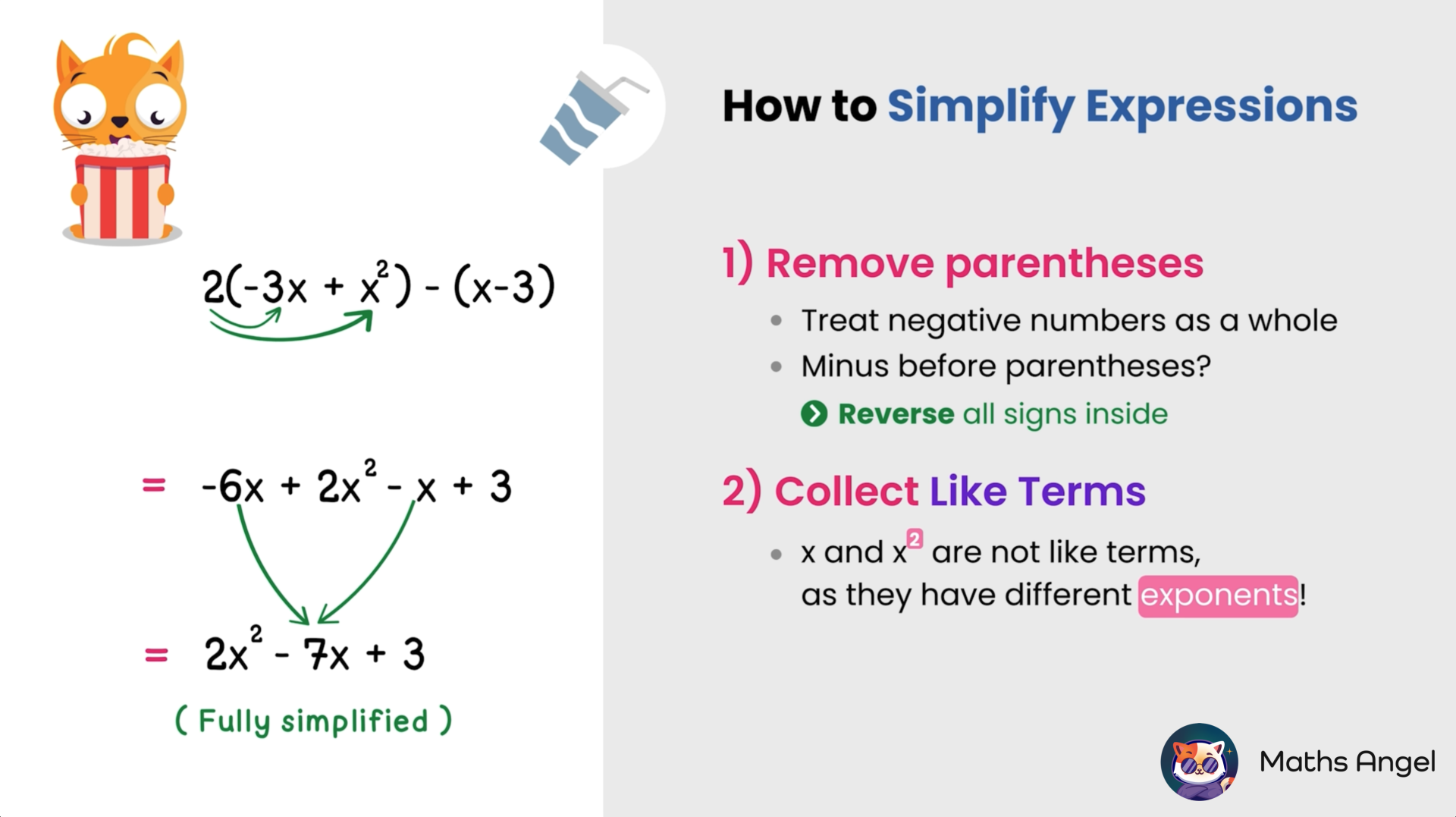 Simplifying algebraic expressions by removing parentheses and collecting like terms, resulting in the expression 2x²-7x+3.