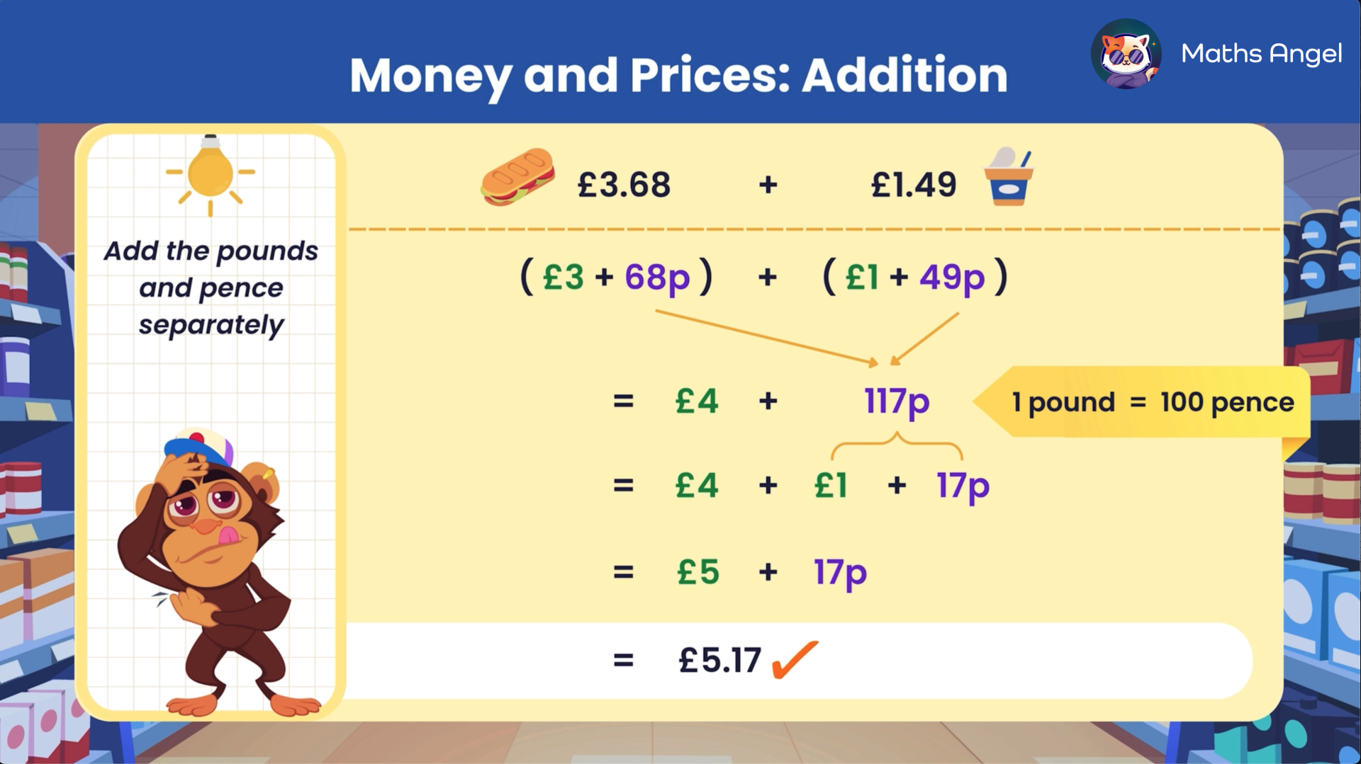 Calculation of adding £3.68 and £1.49 by separating pounds and pence, demonstrating the result as £5.17.