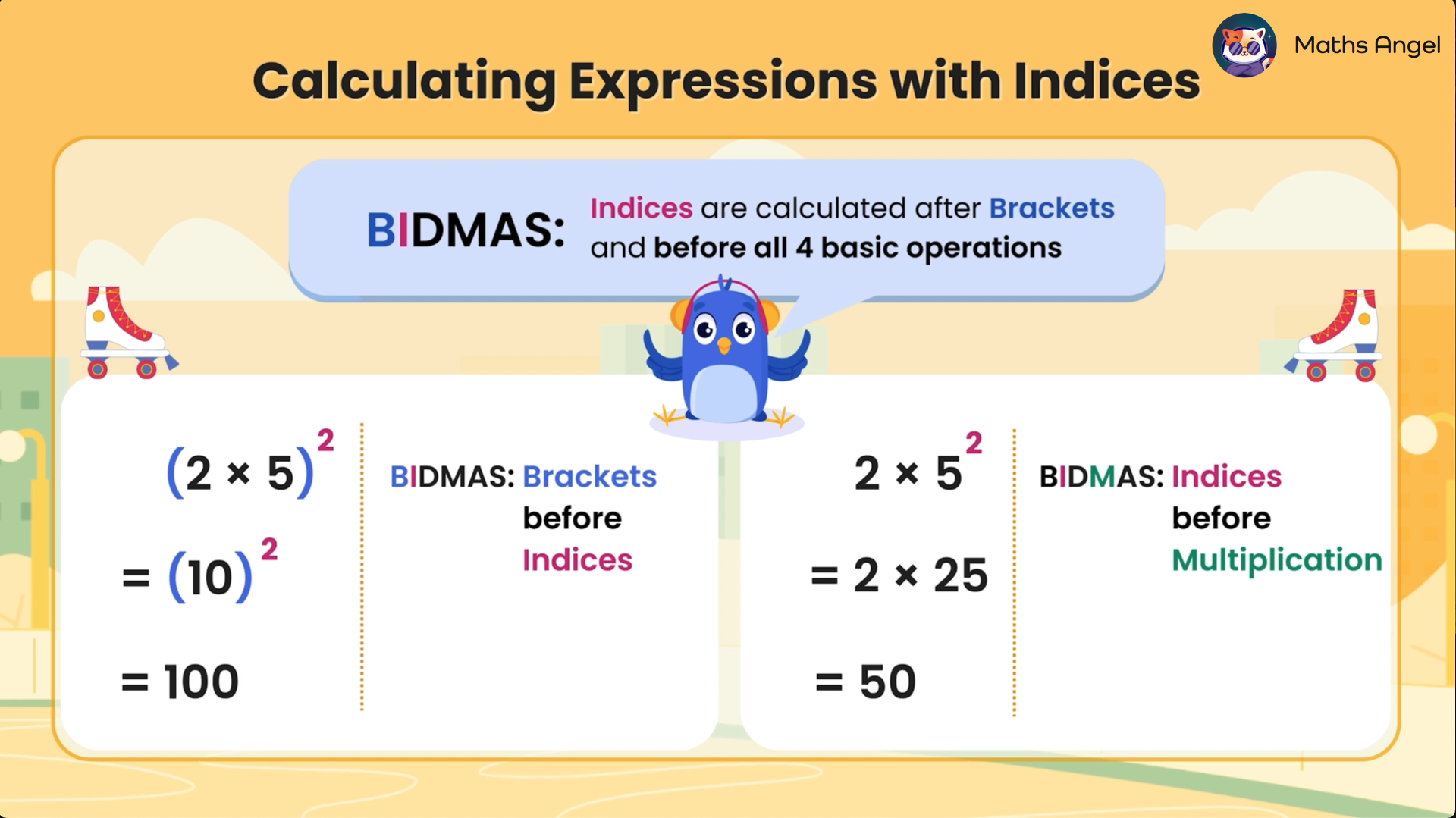 BIDMAS calculation rules with indices shown by comparing (2 × 5)^2 and 2 × 5^2, resulting in 100 and 50 respectively.