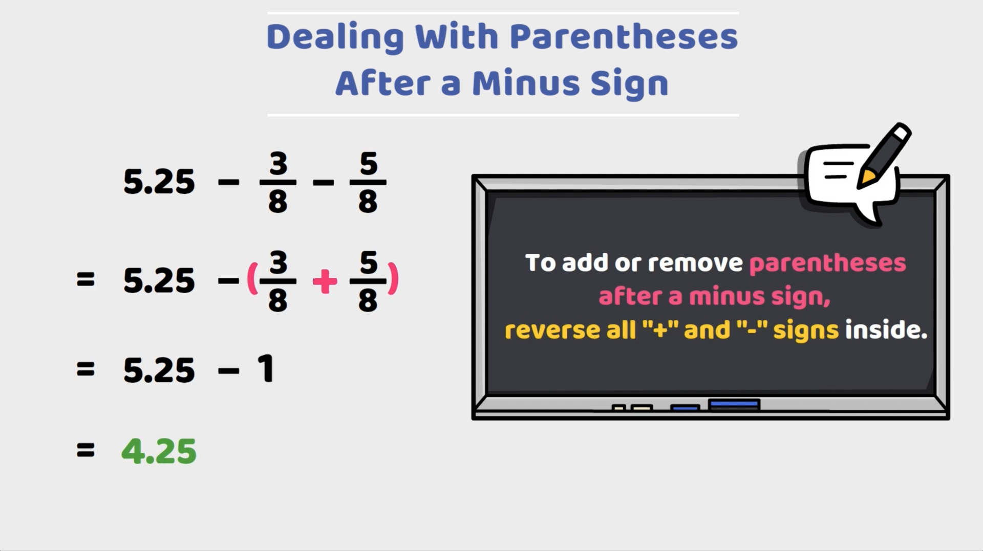 Arithmetic expression showing how to handle parentheses after a minus sign, with fractions 3/8 and 5/8 converted to decimals.