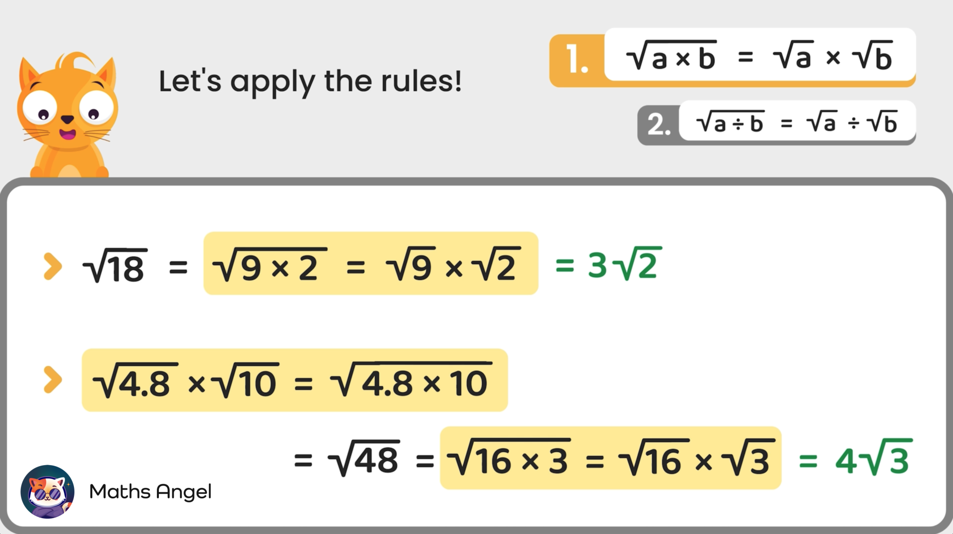 Examples of applying the rules for multiplying and dividing square roots, with step-by-step solutions for √18 and √4.8 × √10.