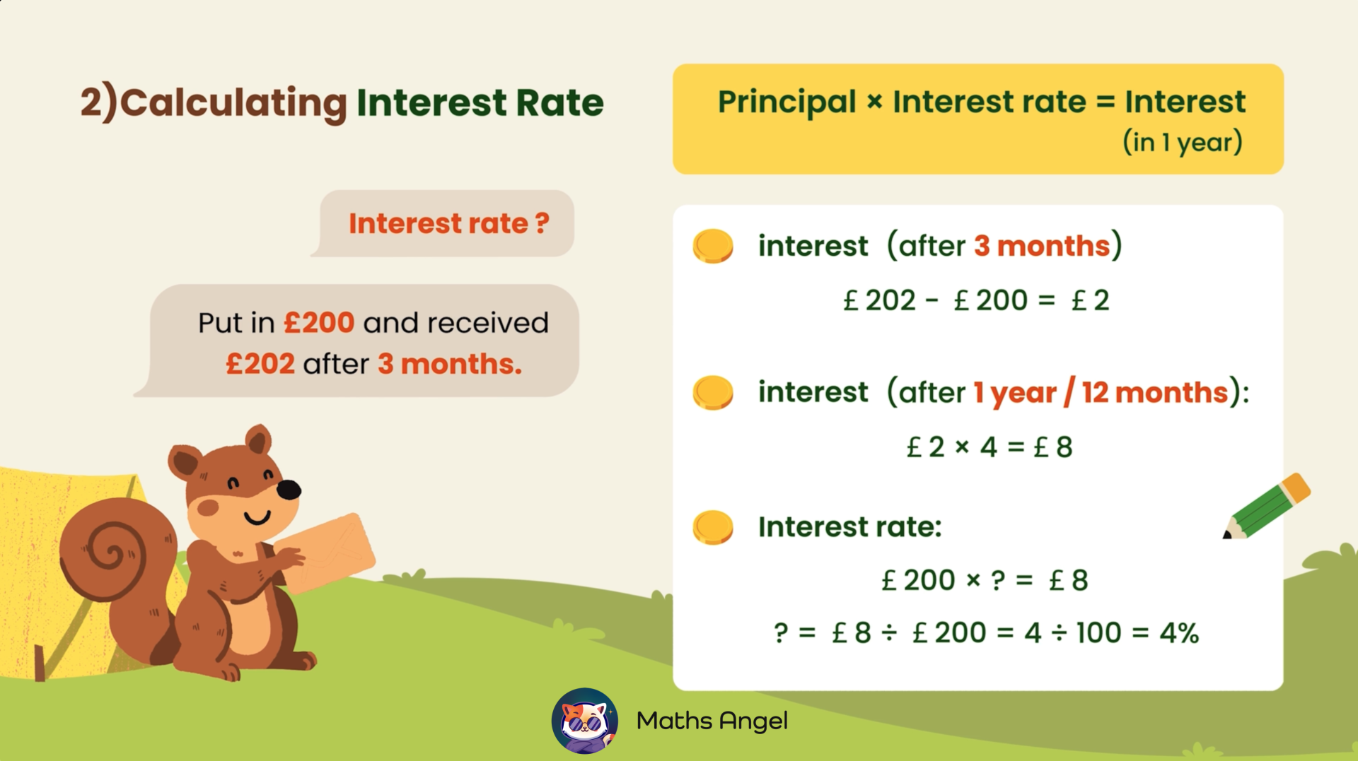 Example for calculating the interest rate, demonstrating the formula for interest with £200 principal and 4% interest rate.