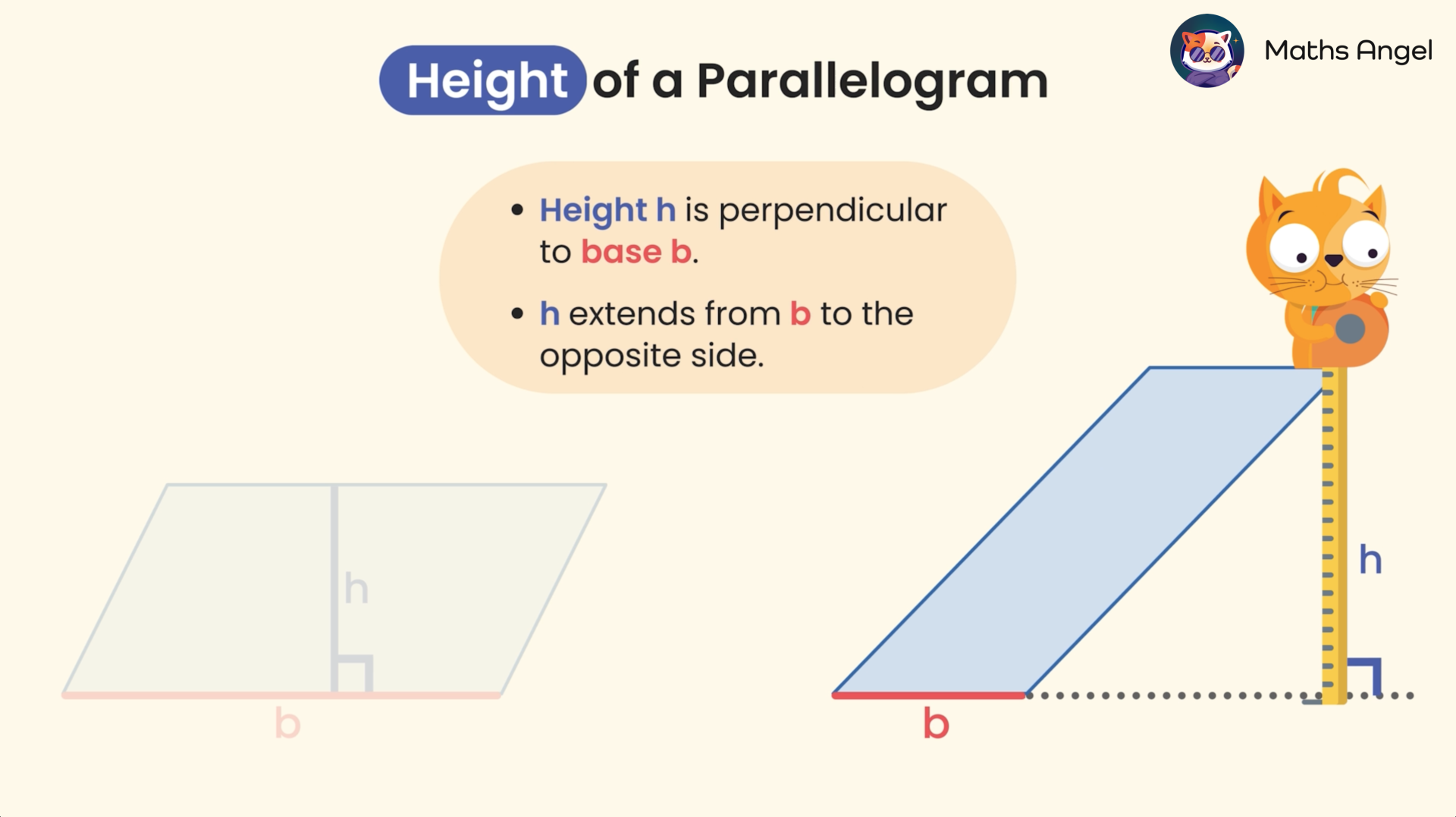 Height of a parallelogram illustrated with a perpendicular height h from base b to the opposite side.