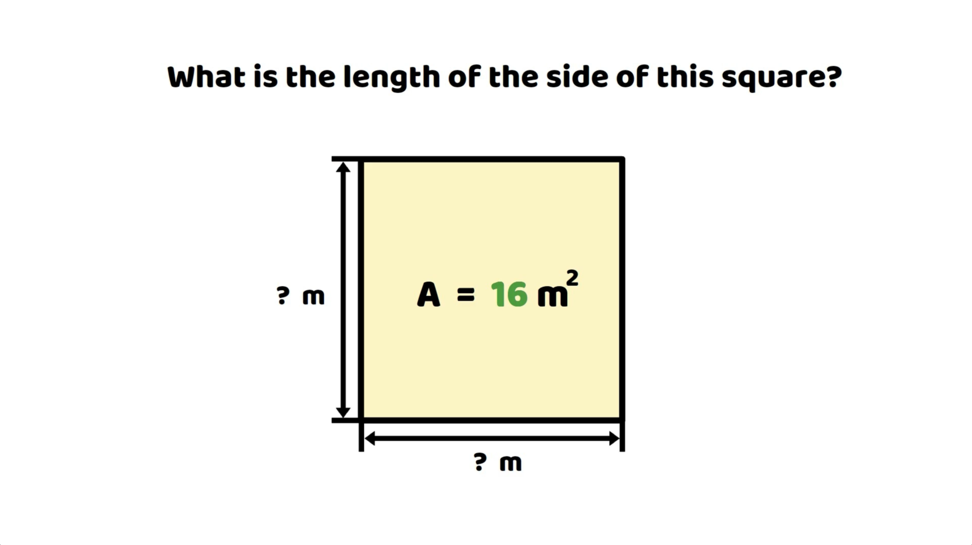 Square with an area of 16 square metres and question marks indicating the unknown side lengths.