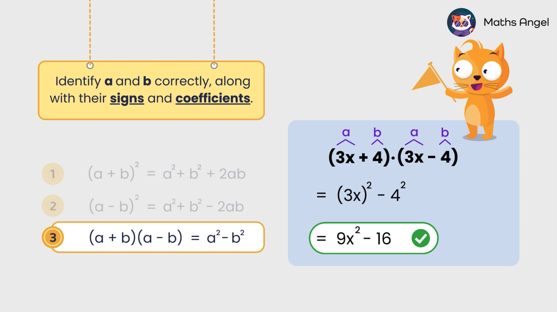 Identifying variables a and b with signs and coefficients in the formula (a + b)(a - b) = a² - b², using (3x + 4)(3x - 4) = 9x² - 16 as an example.