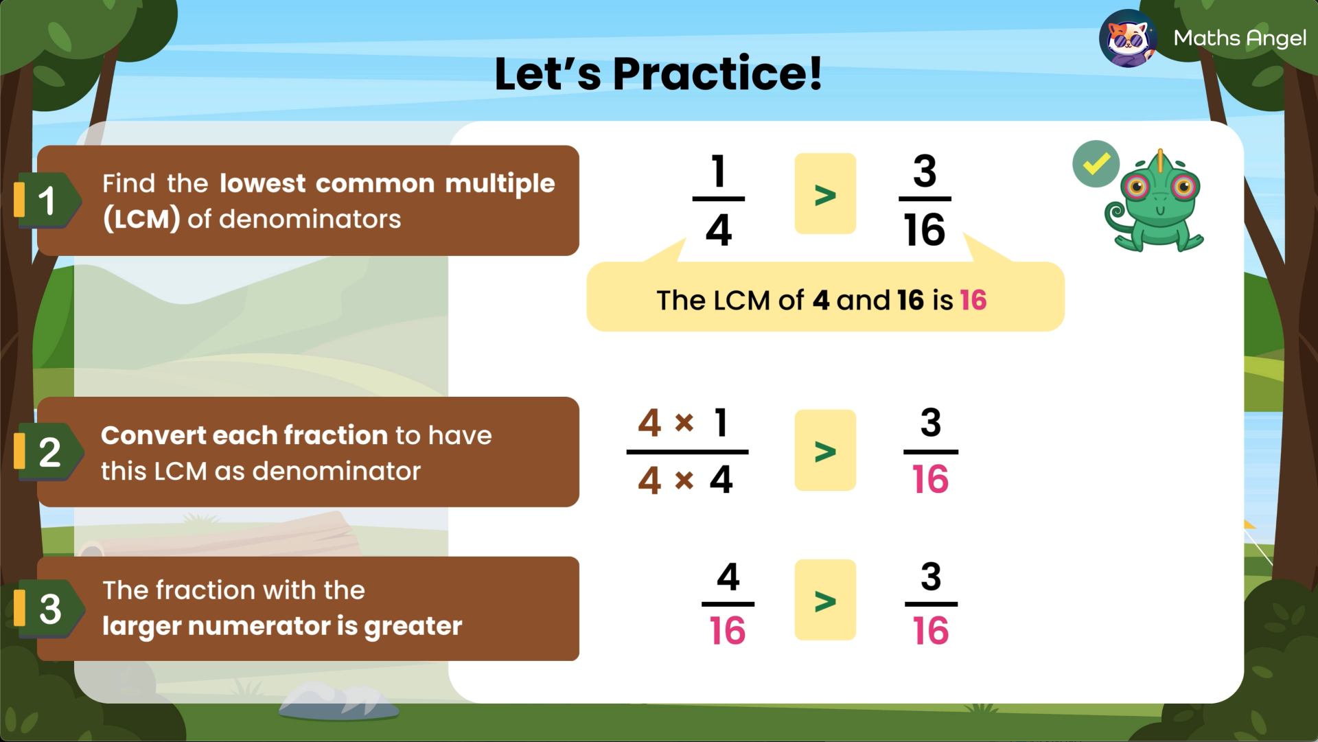 Steps to compare fractions by finding the lowest common multiple (LCM) of denominators and converting fractions to have the same denominator.