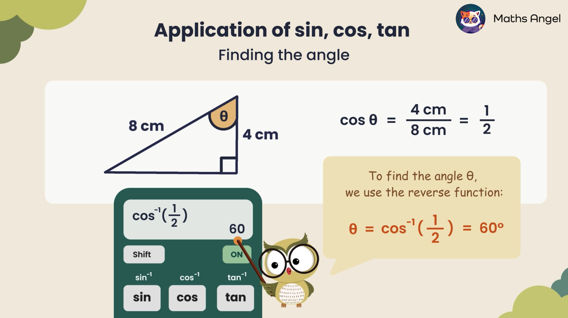 Finding the angle using cosine in a right triangle with sides 4 cm and 8 cm, showing the calculation cos θ = 1/2 and θ = cos⁻¹(1/2) = 60°.