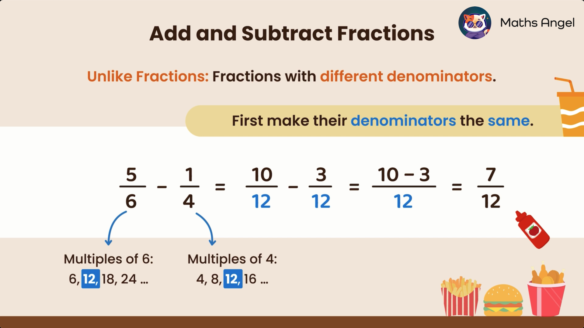 Adding and subtracting fractions with different denominators. Showing the steps to make the denominators the same and subtract fractions 5/6 and 1/4.