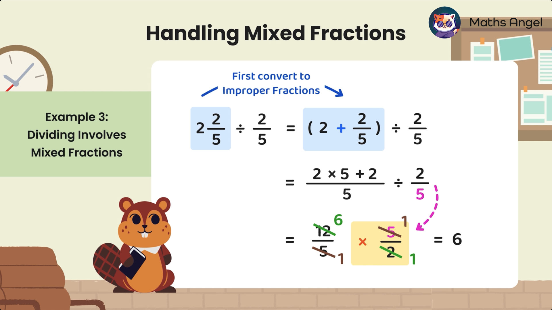 Handling mixed fractions example, showing steps to convert and divide 2 2/5 by 2/5 using improper fractions and the cross-cancelling method.