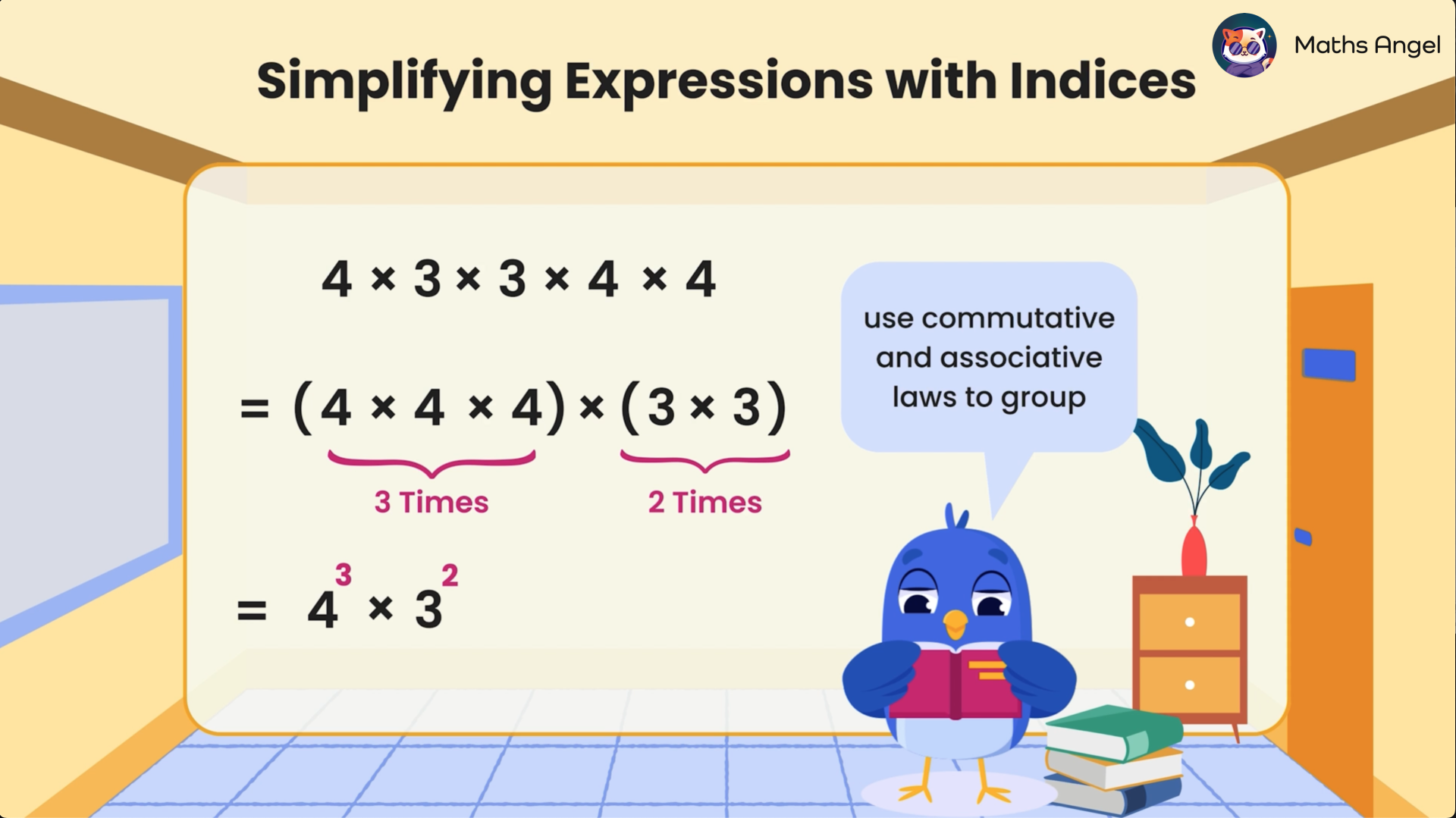 Cartoon blue bird explaining how to simplify 4 × 3 × 3 × 4 × 4 to 4³ × 3² using commutative and associative laws.