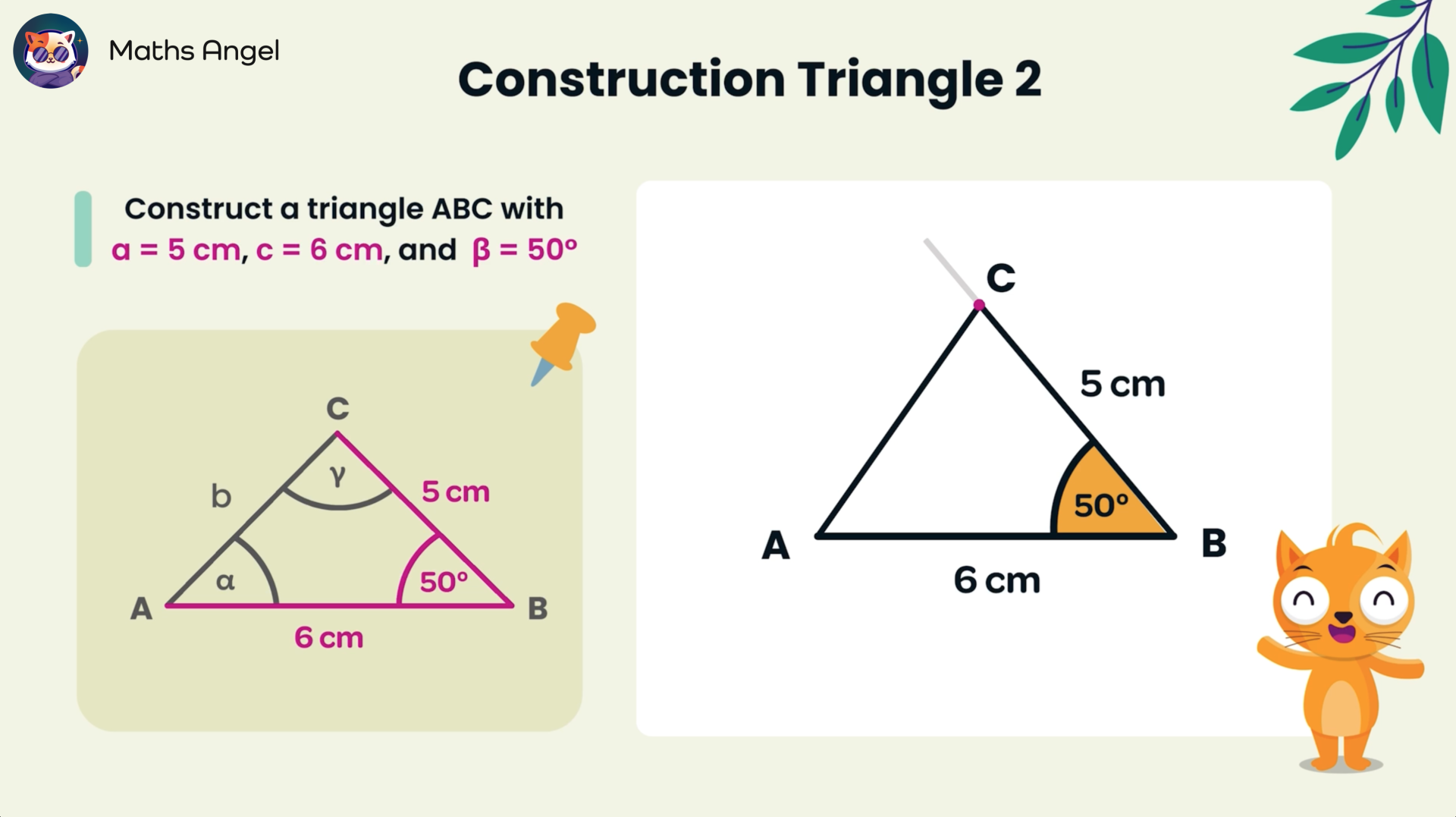 Constructing a triangle ABC with sides 5 cm and 6 cm, and angle 50°, including labelled diagram.