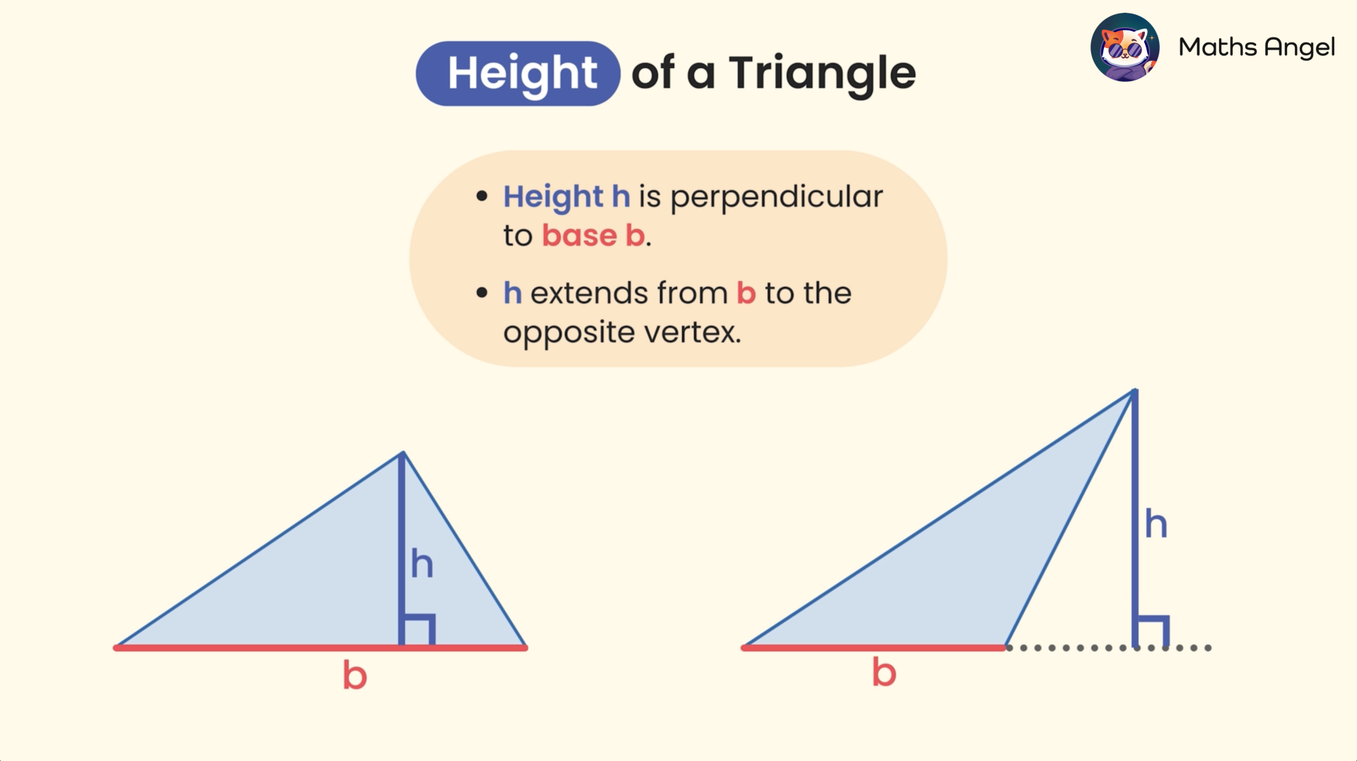 Height of a triangle, with height h perpendicular to base b and extending from b to the opposite vertex, illustrated with two triangle diagrams.