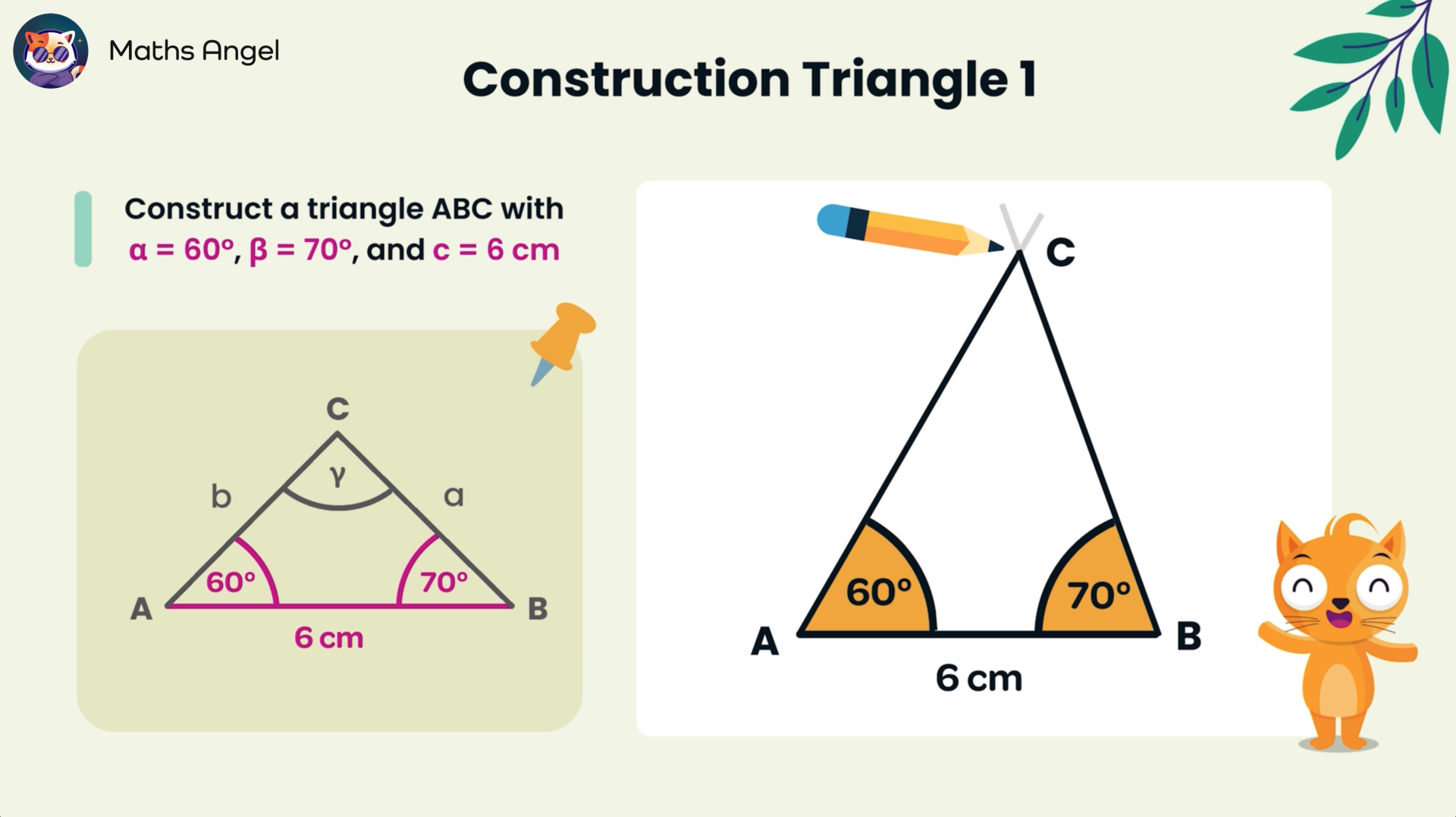 Constructing a triangle ABC with angles 60° and 70°, side c=6 cm using compass and ruler. The sides and angles are labelled.