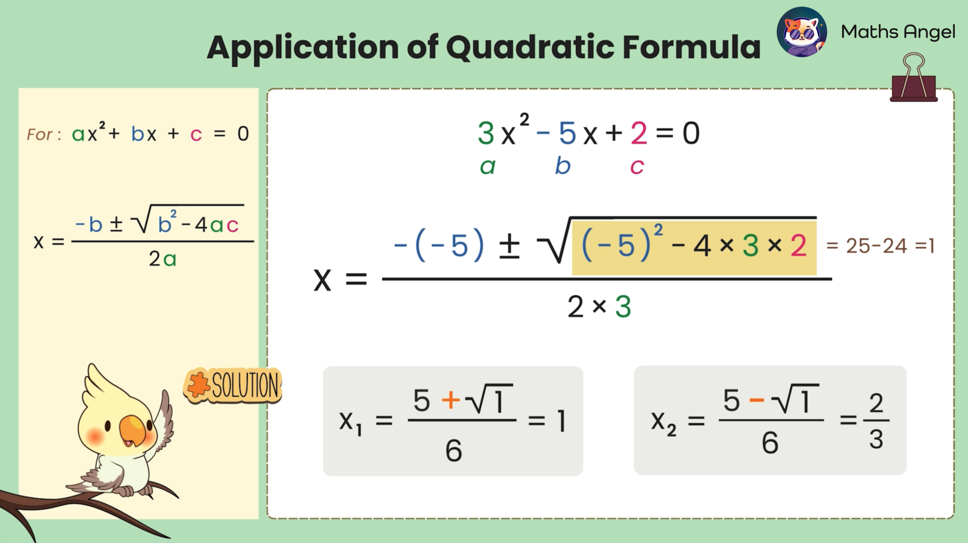 Solving a quadratic equation using the quadratic formula with a = 3, b = 5, and c = 2, resulting in roots  x₁ = 1, and x₂ = 2/3.