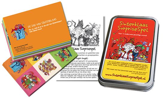 Het Sinterklaas Surprisespel in BliQ uit 2013: blik met 20 surprisespelkaarten en 36 opdrachtstickers