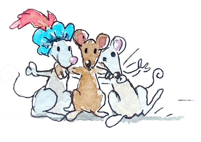 Trio knuffelende muizen - illustratie van Steffi Jürgens voor het Sinterklaas Surprisespel