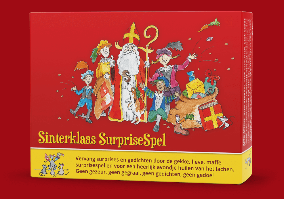 Sinterklaas Surprisespel: pakjesavond party games - heerlijk avondje - familiespel - Sinterklaas cadeautjesspel (doosje rechtop tegen rode achtergrond)
