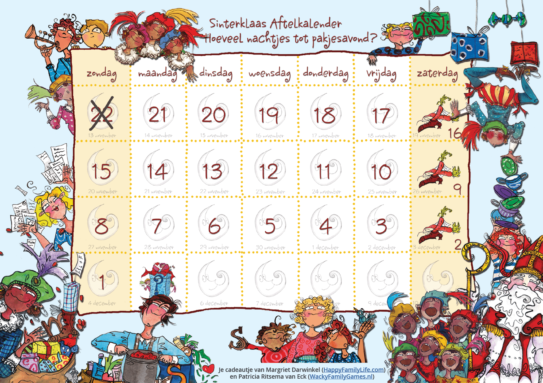 Aftelkalender: aftellen naar pakjesavond (oude versie met illustraties van Jacqueline van Leeuwenstein)