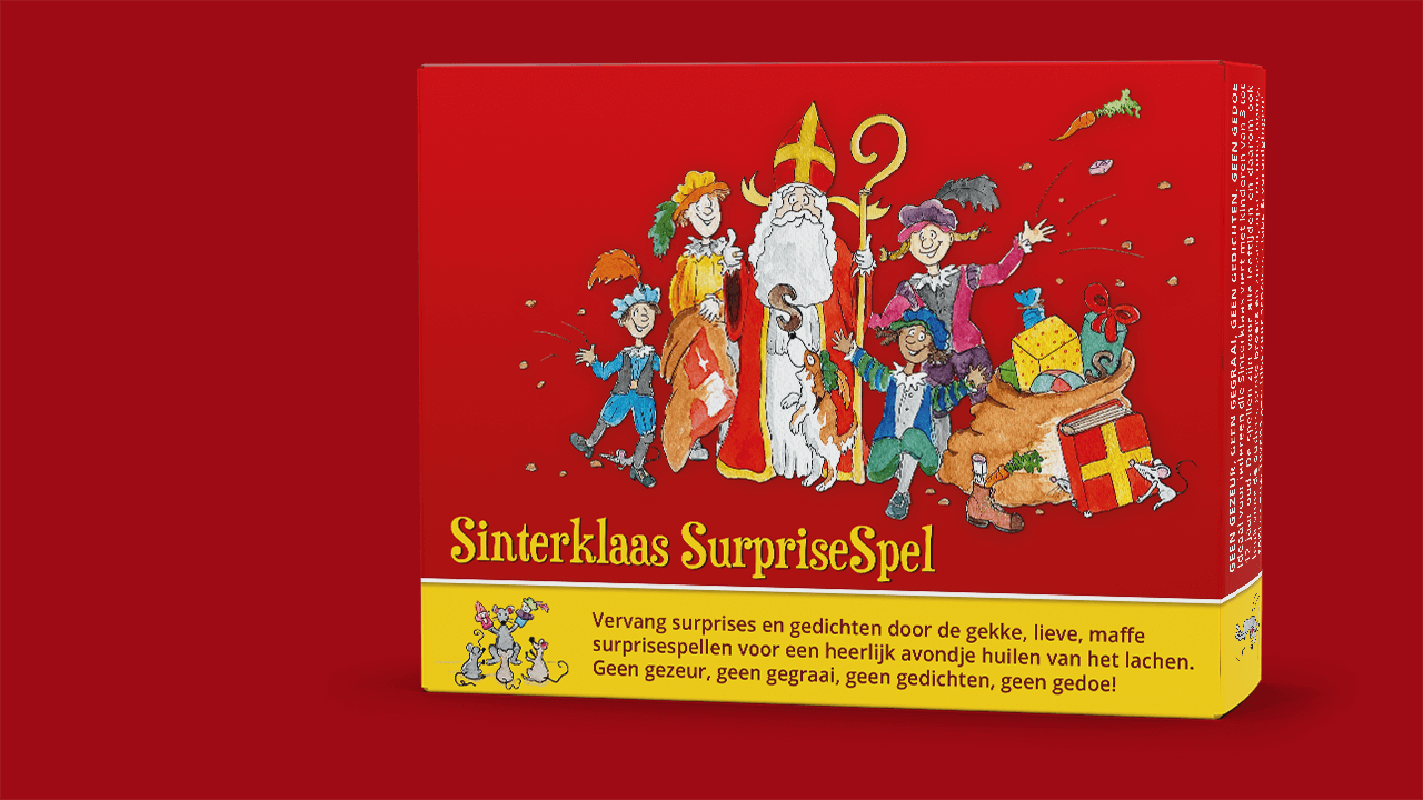 Sinterklaas Surprisespel - pakjesavond party games voor de hele familie - doosje rechtop vooraanzicht
