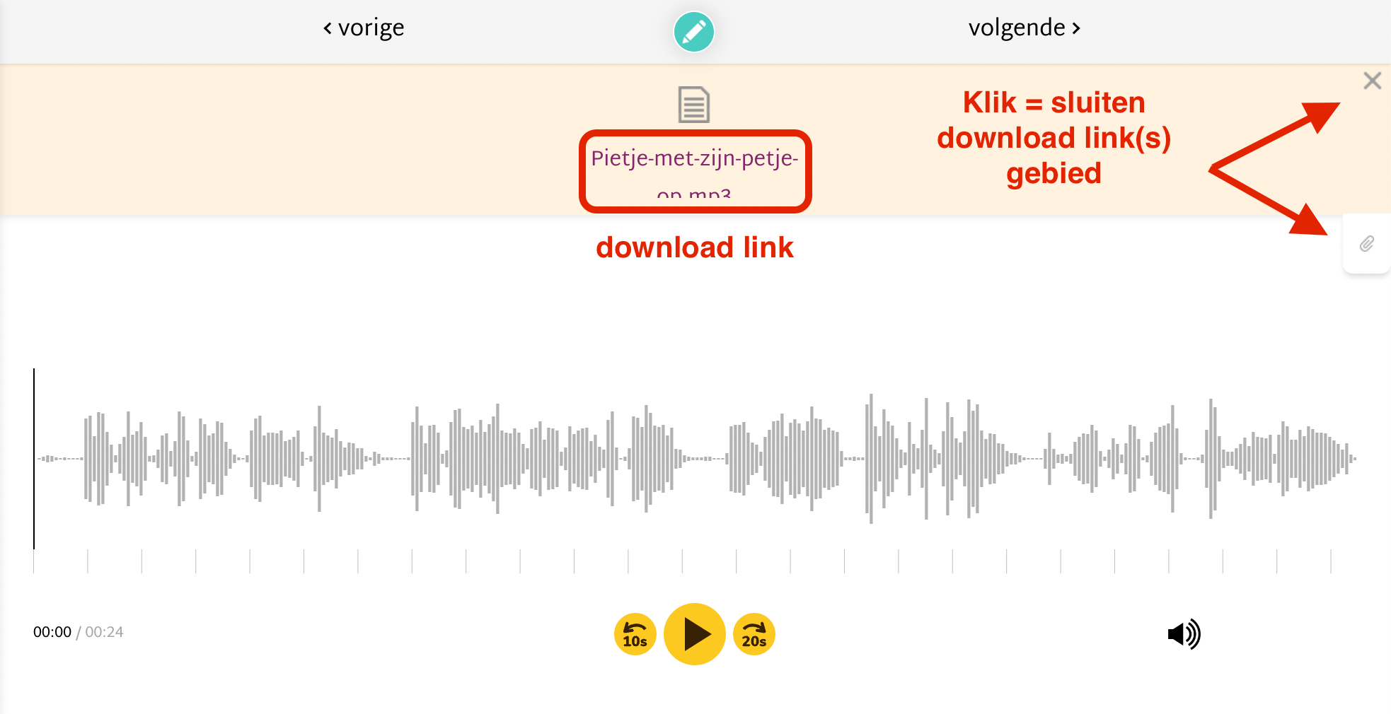 Productomgeving: audio pagina met download link gebied opengevouwen
