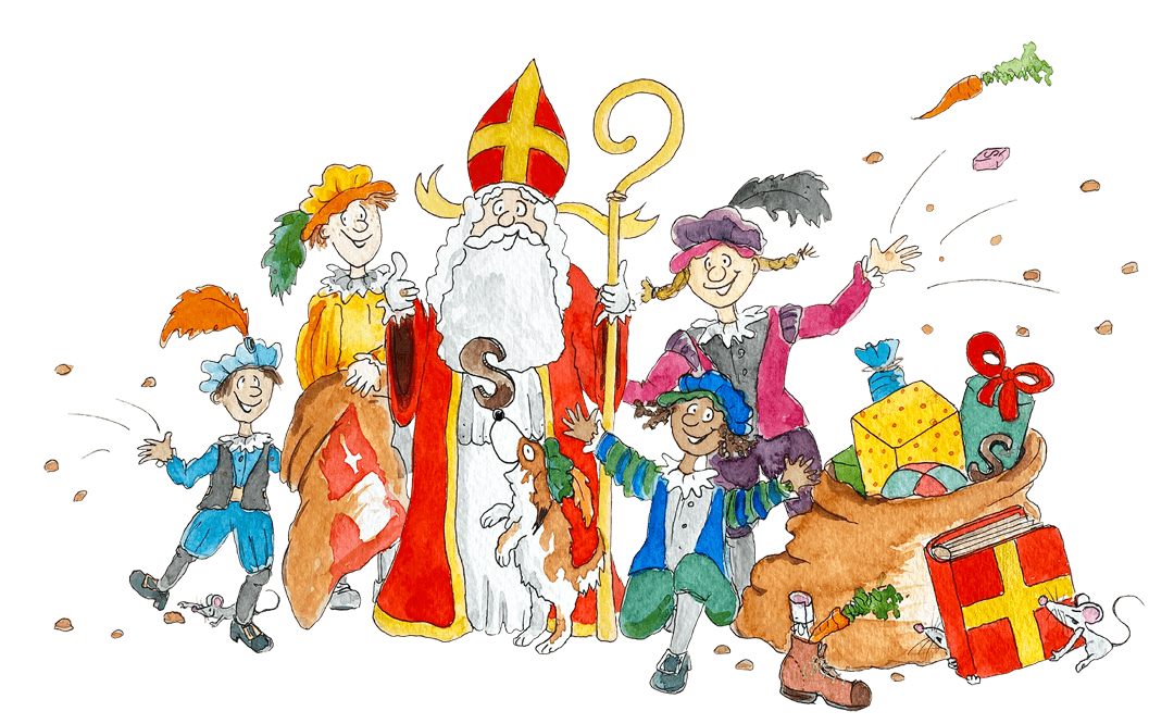 Illustratie op het doosje van het Sinterklaas Surprisespel: Sint omringd door een familie Pieten met hond, zak vol pakjes en een stel brutale muizen...