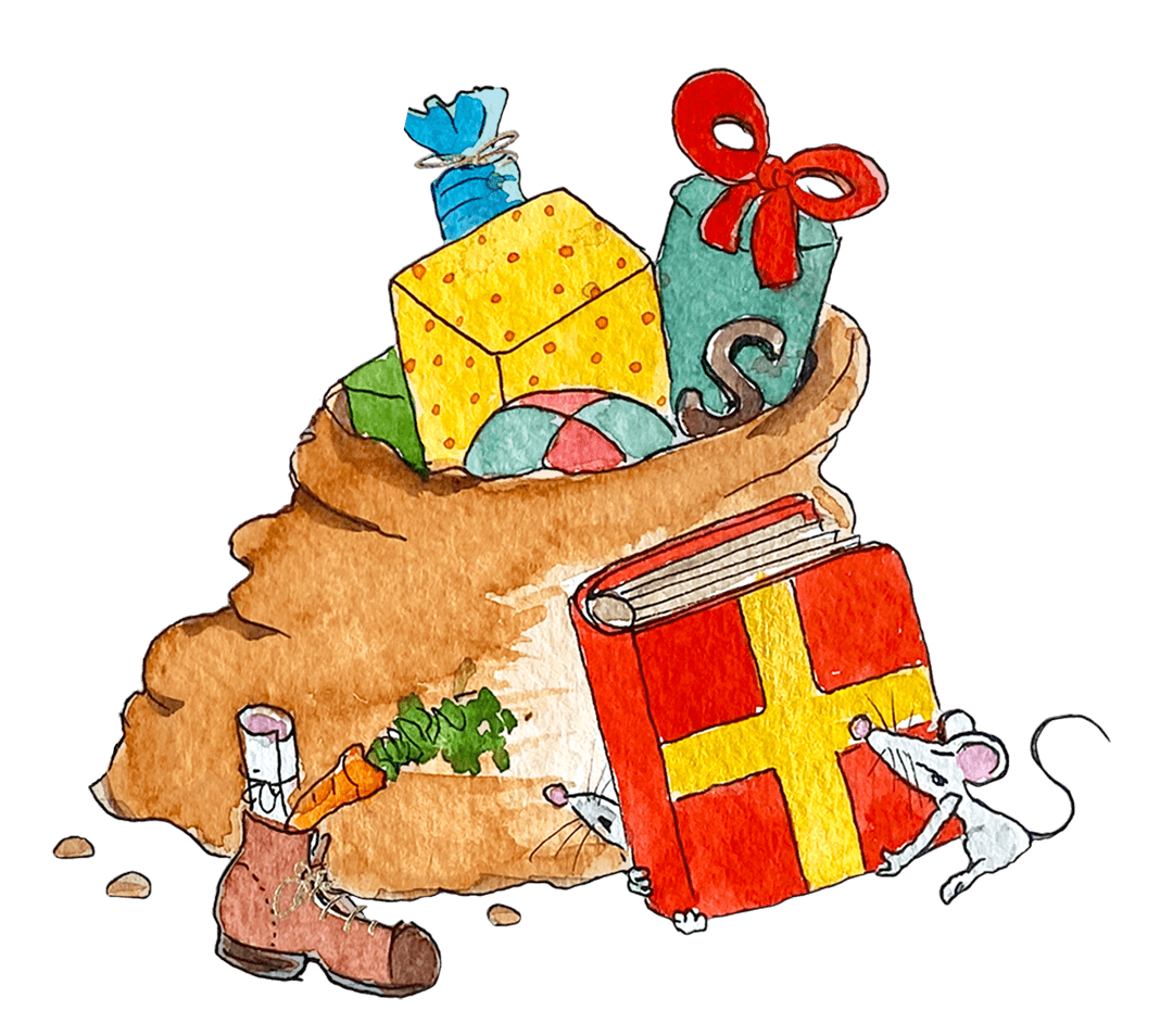 Zak van Sinterklaas - met pakjes, chocoladeletter en twee muizen die het Rode Boek van Sint sjouwen