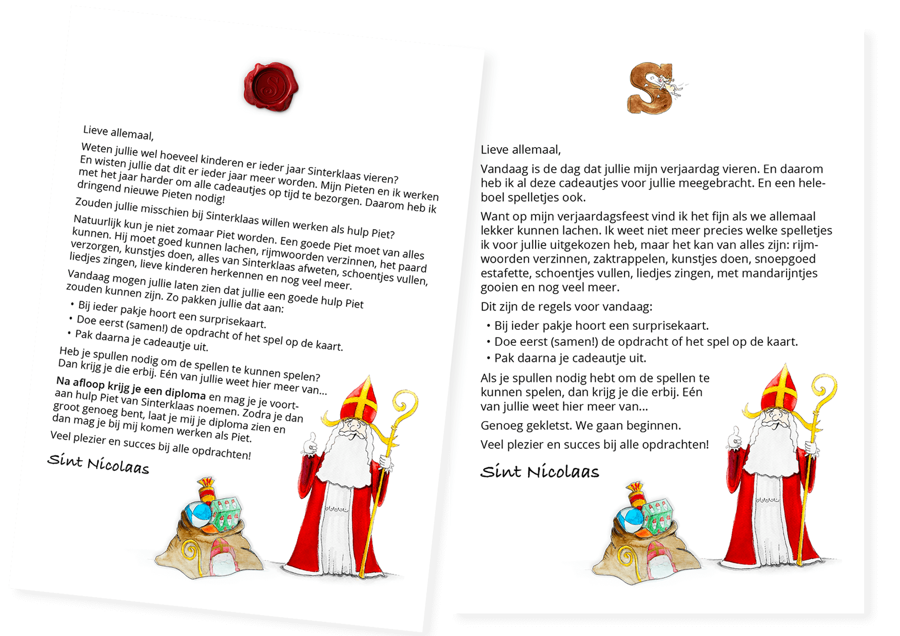 2x de Brief van Sint met hierin de spelregels kort uitgelegd (versie voor met en voor zonder diploma)